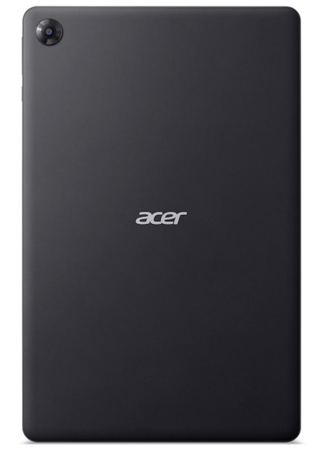 Parte trasera de una tablet negra Acer con cámara en la esquina superior izquierda y logo en el centro.