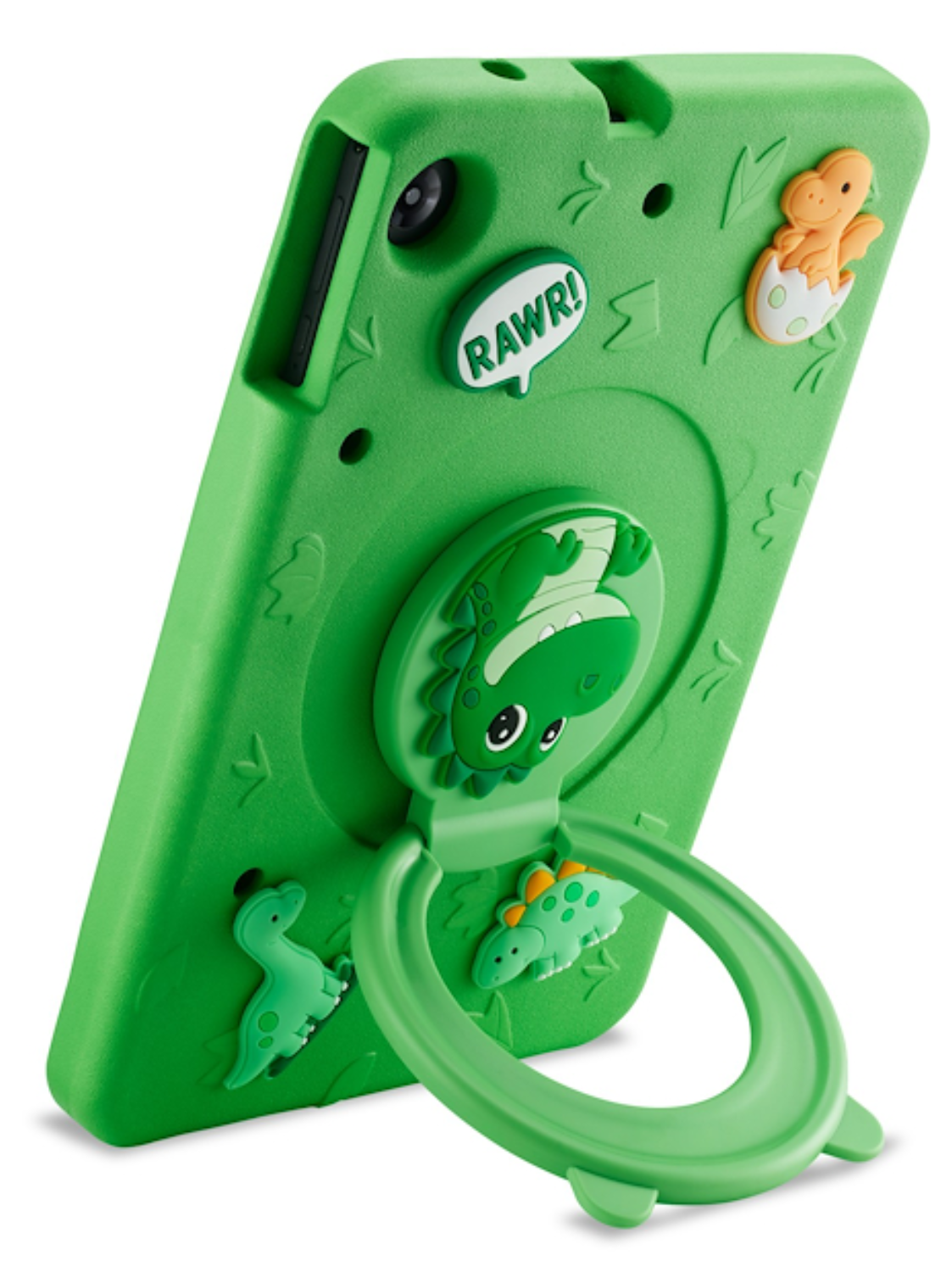 Funda de tablet verde con motivos de dinosaurios y soporte integrado sobre fondo blanco.
