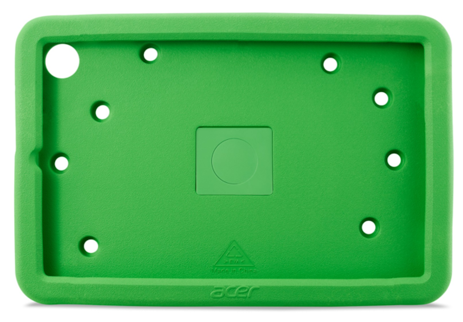 Una funda protectora verde de espuma EVA para tabletas con varios recortes y el logo de Acer abajo.