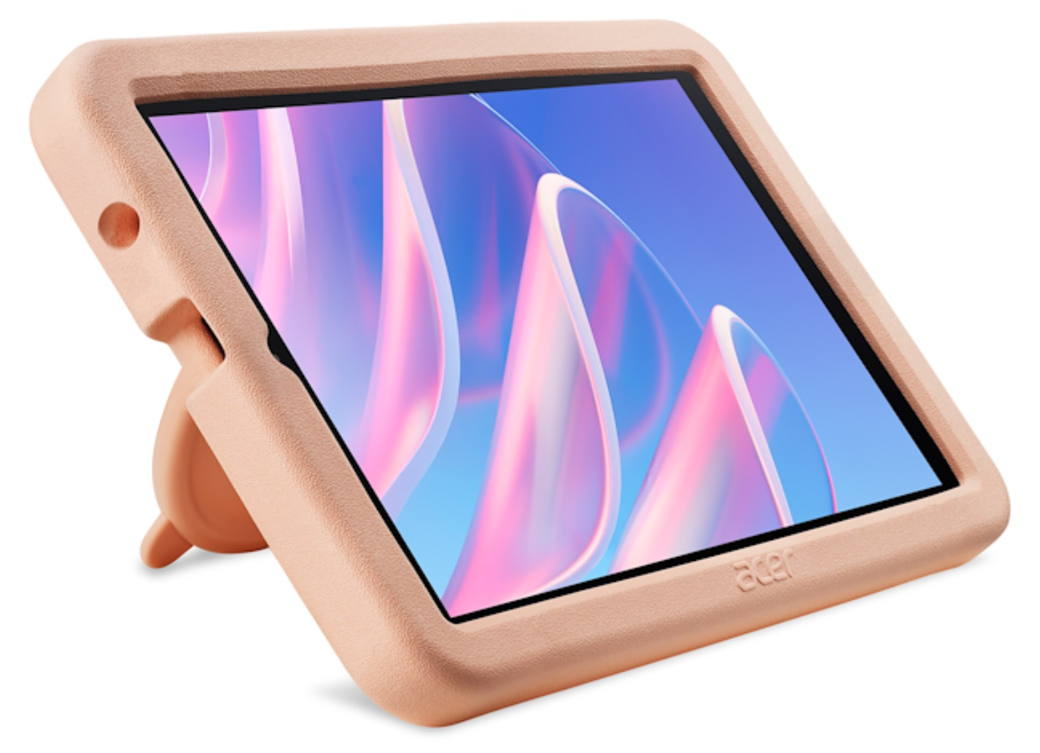 Tableta Acer en funda protectora rosa con soporte sobre fondo blanco.