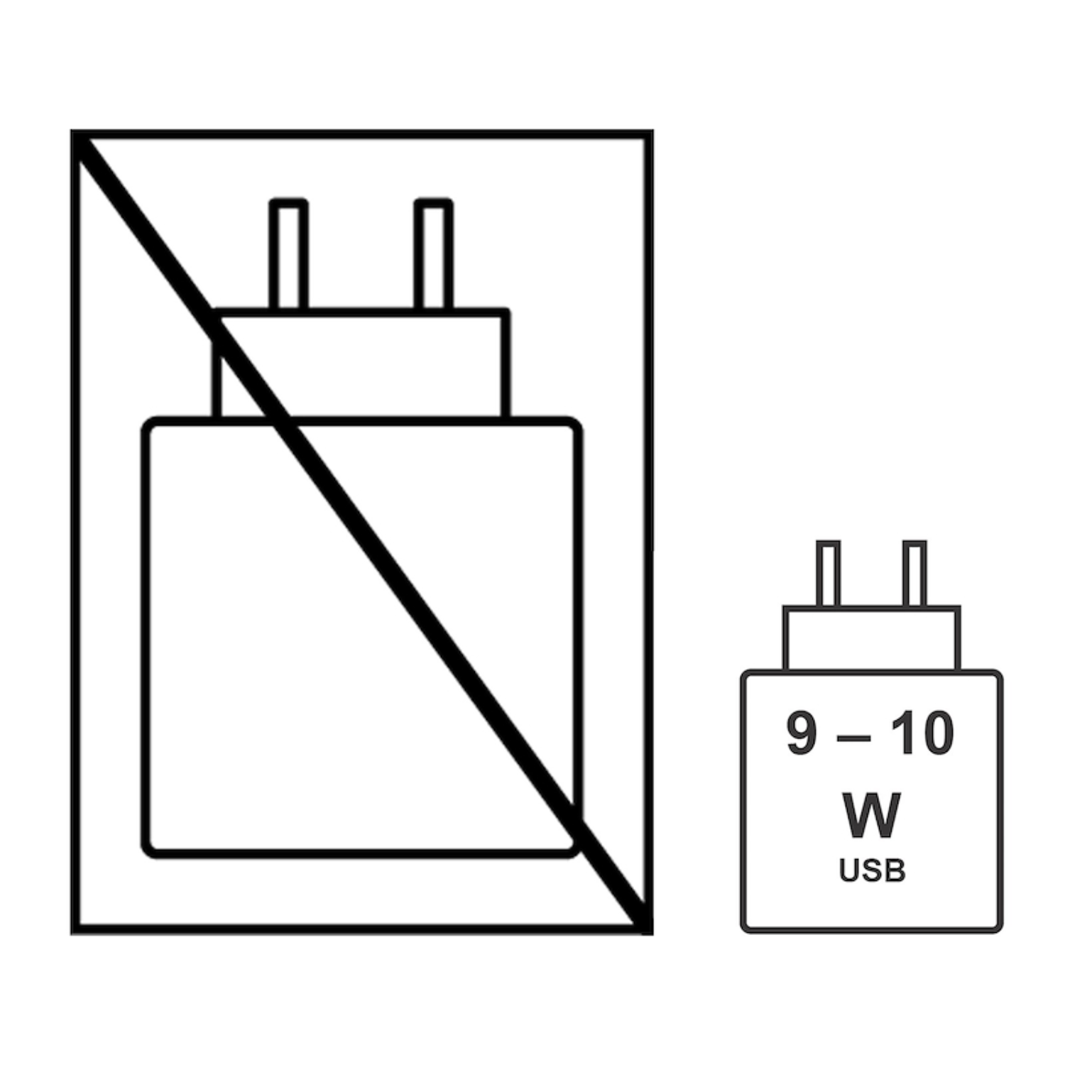Un icono muestra un adaptador de corriente prohibido y al lado un adaptador USB de 9-10W permitido.