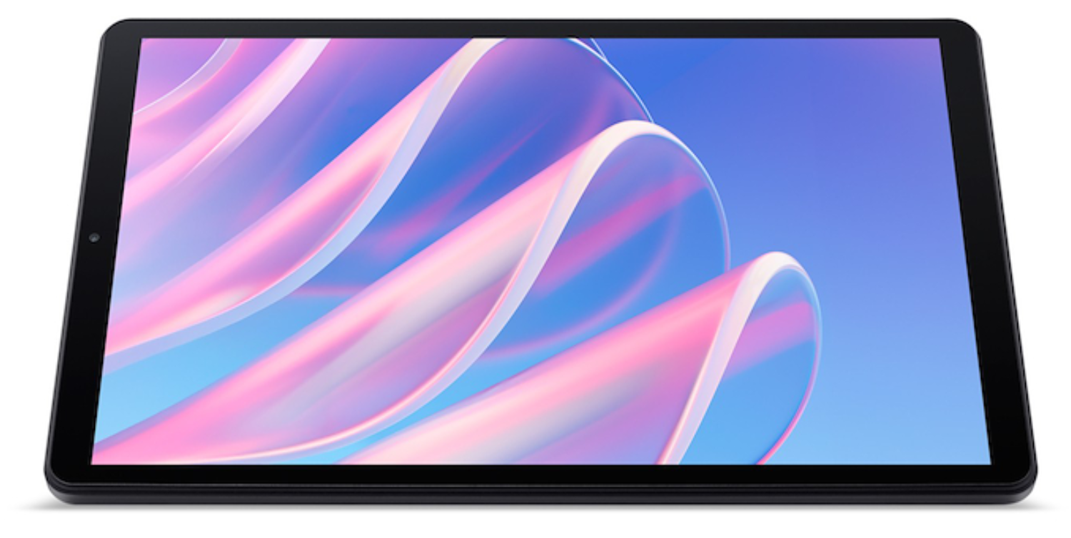 Una tableta negra muestra un fondo de pantalla abstracto con cintas rosas y azules.