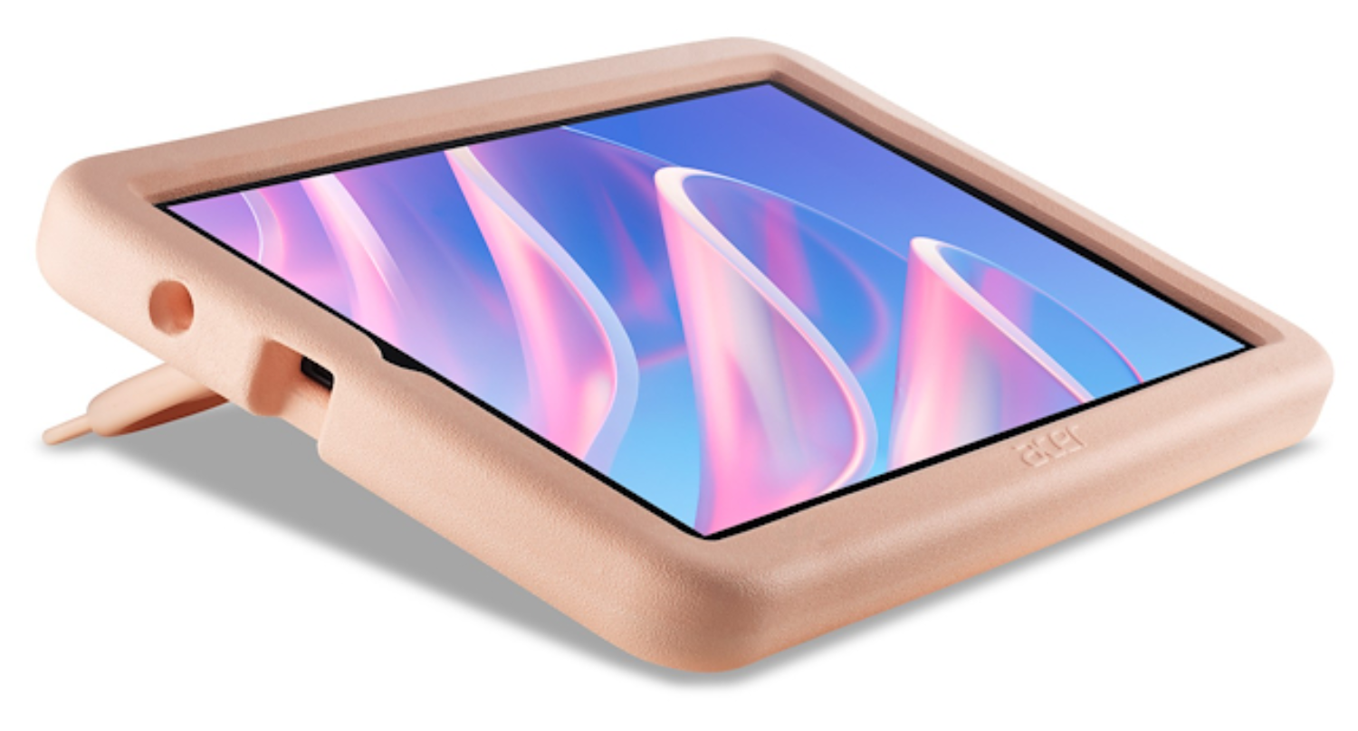 Una tableta en funda protectora rosa con soporte muestra un patrón azul y rosa en pantalla.