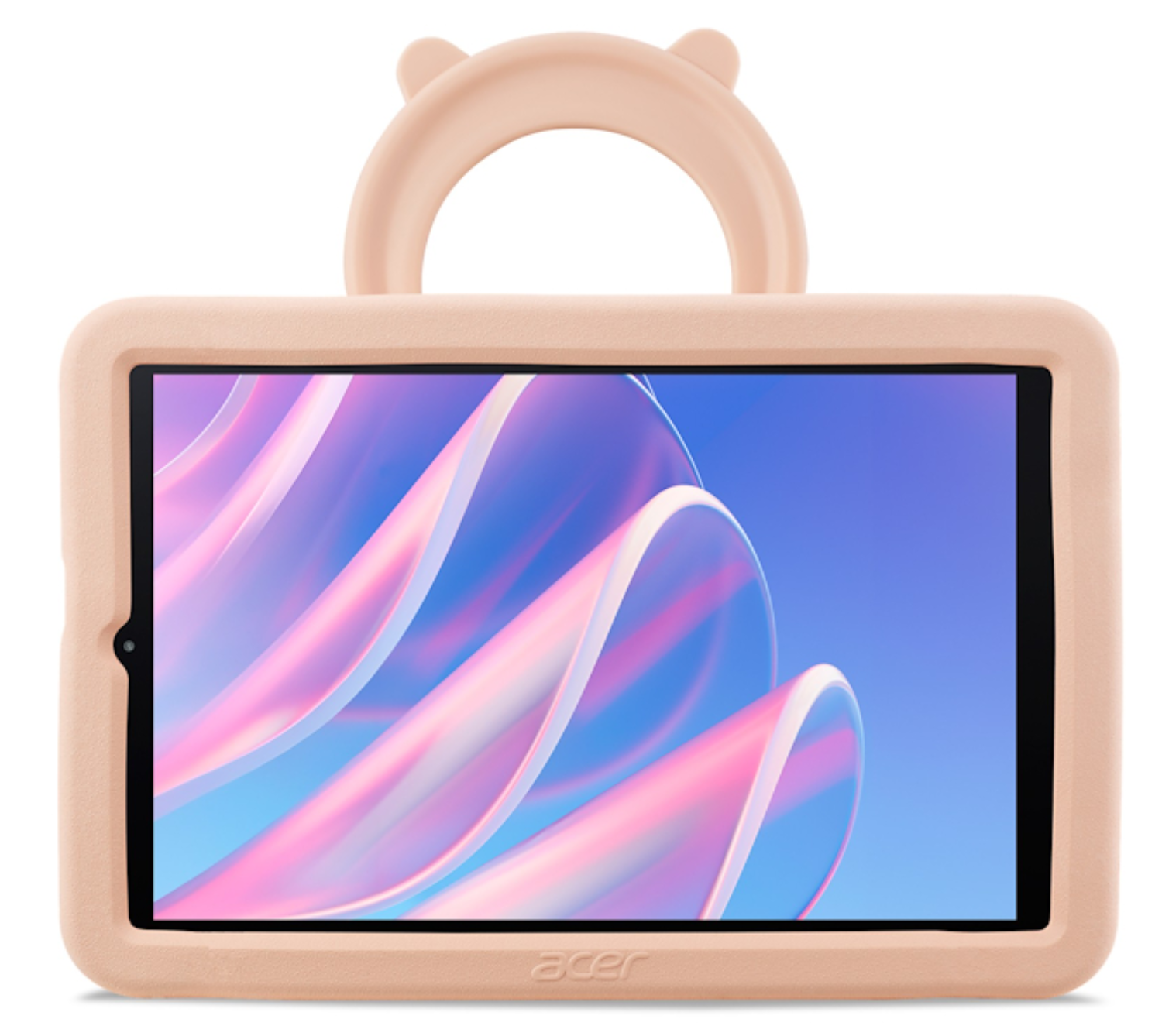 Una funda protectora rosa para tablet con asa y líneas abstractas coloridas en la pantalla.