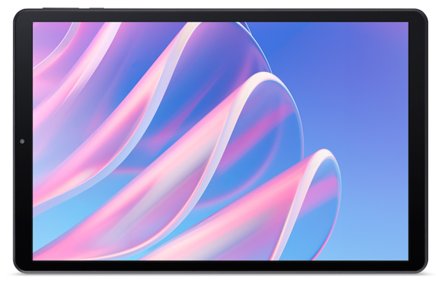 Una tablet negra muestra un fondo abstracto y colorido con ondas rosadas y azules.