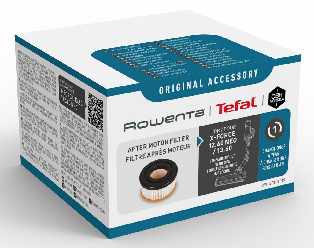 Oryginalne pudełko filtra wylotowego Rowenta i Tefal z rysunkiem filtra i informacjami o kompatybilności.
