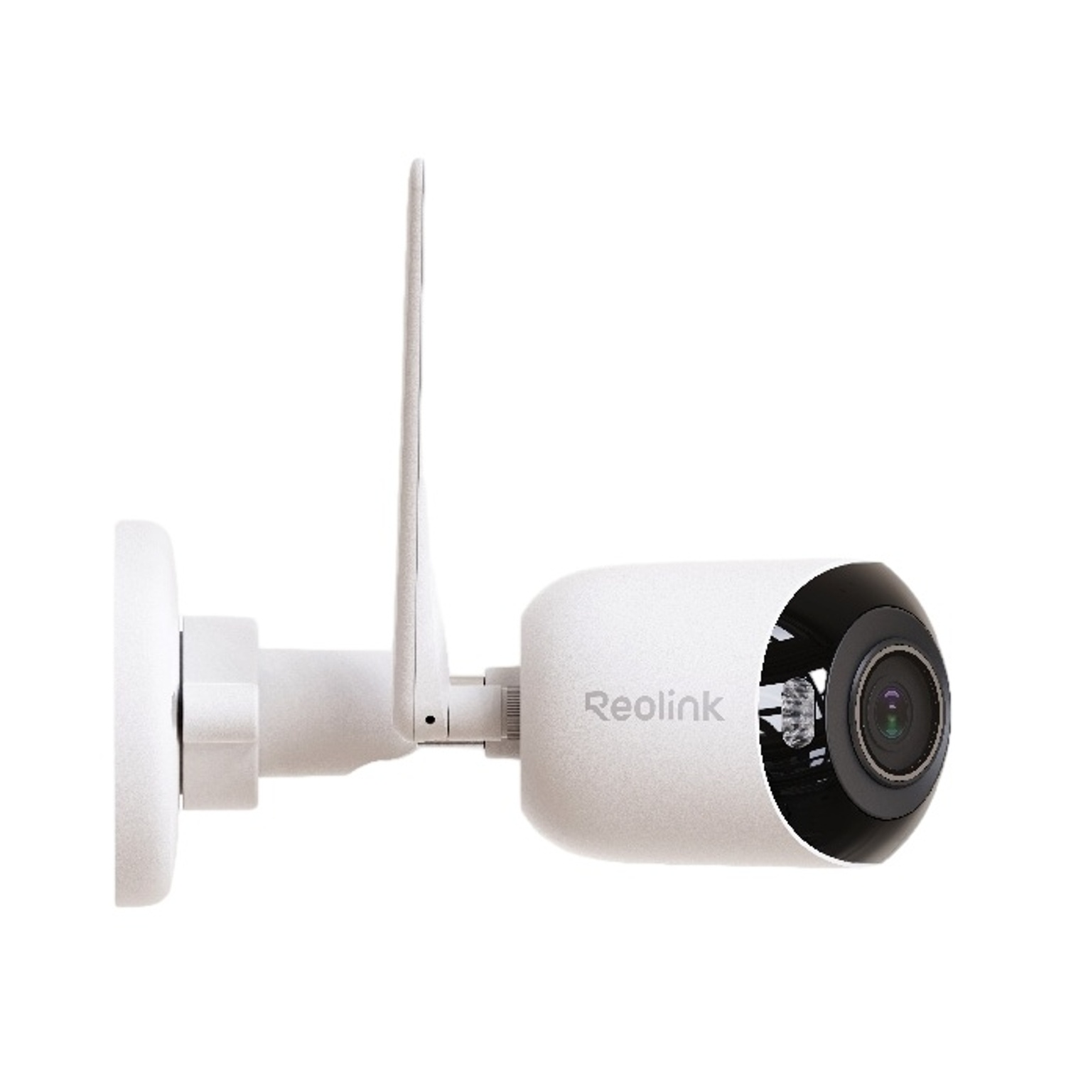 Telecamera di sicurezza Reolink bianca con antenna e staffa da parete su sfondo bianco.