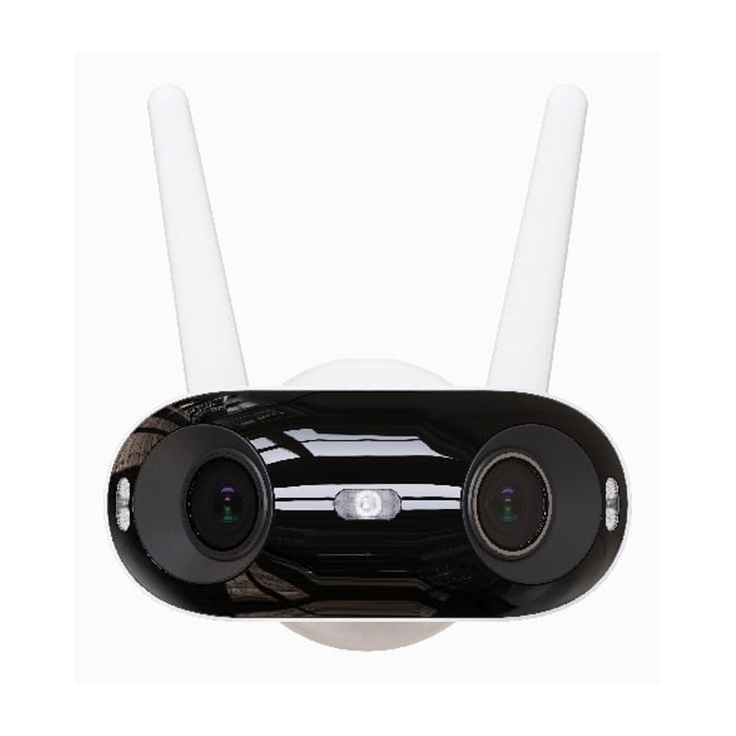 Una telecamera di sicurezza bianca con due obiettivi e due antenne su sfondo bianco.