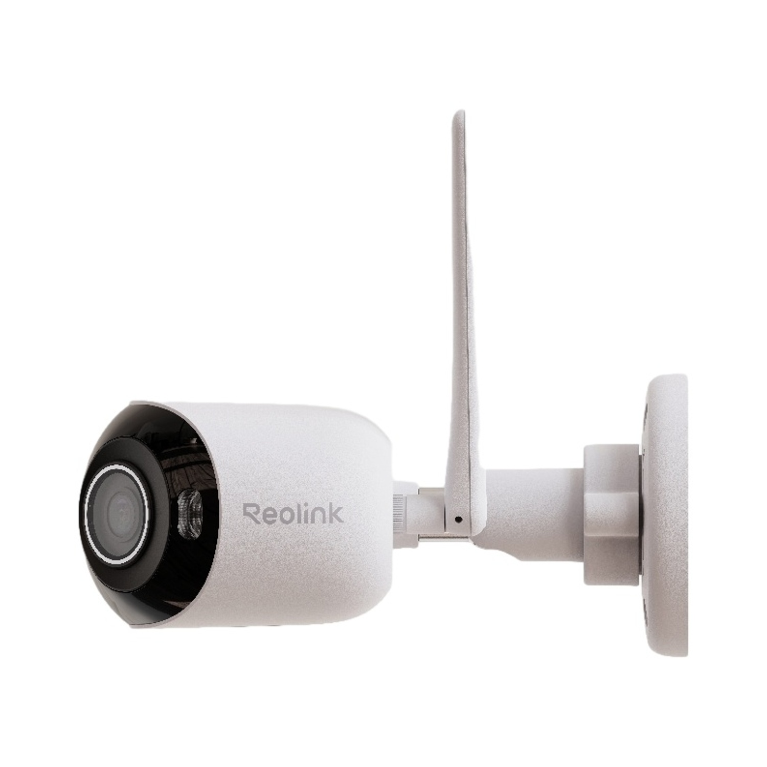 Telecamera di sicurezza Reolink bianca con antenna e staffa da parete su sfondo bianco.