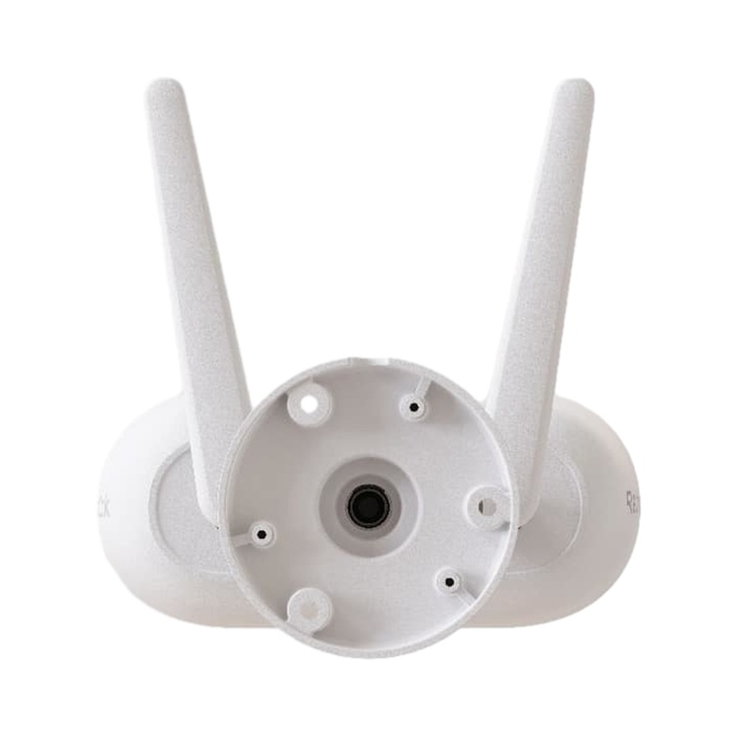 Telecamera di sicurezza bianca con due antenne e base di montaggio rotonda su sfondo bianco.