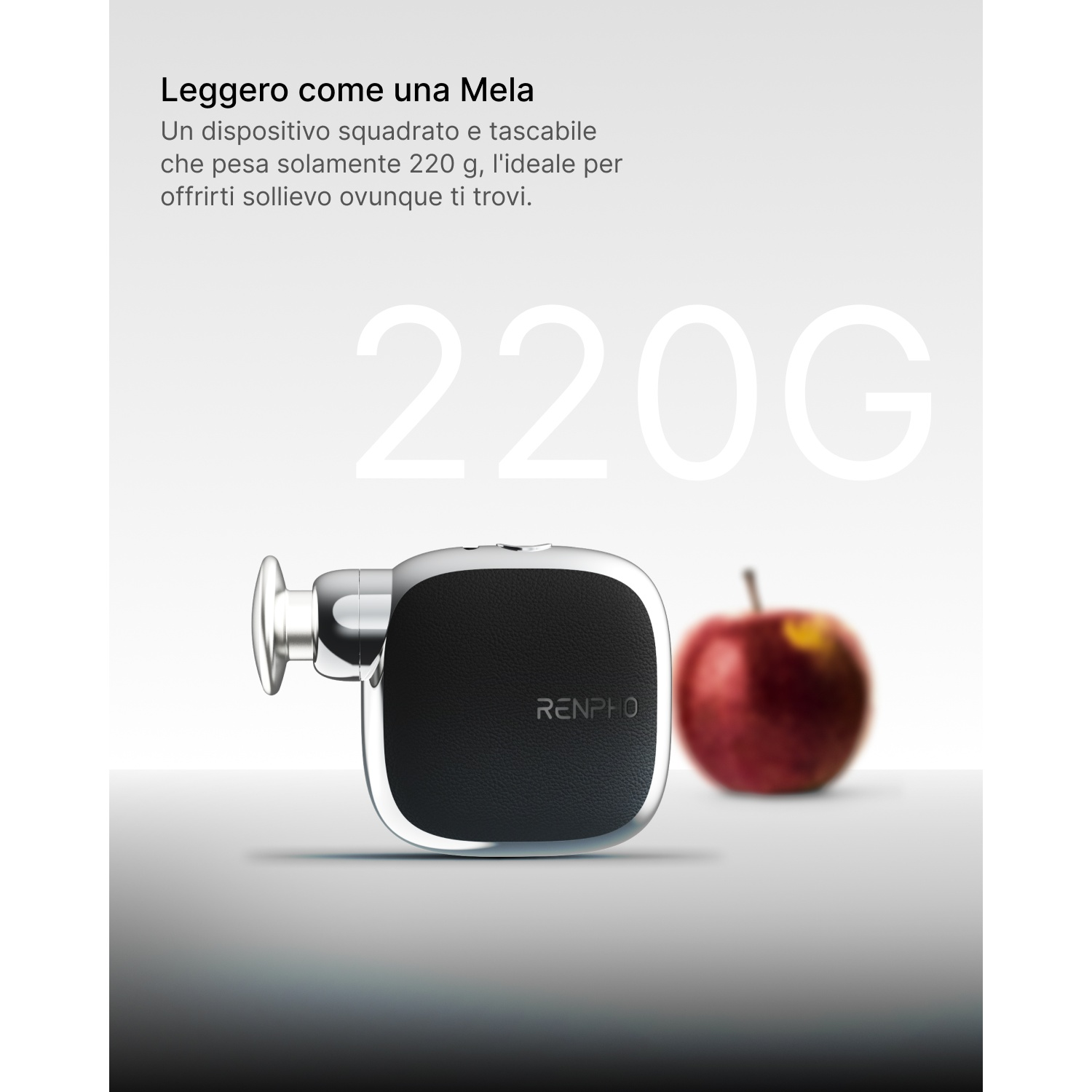 Un piccolo massaggiatore Renpho accanto a una mela su sfondo bianco con testo 220G.