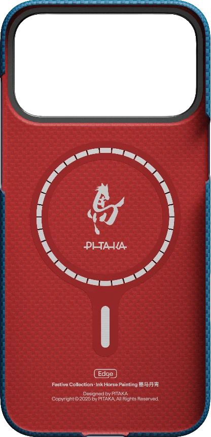 Piros telefontok fehér mágnesgyűrűvel, ló grafikával és Pitaka márkajelzéssel sötét háttér előtt.