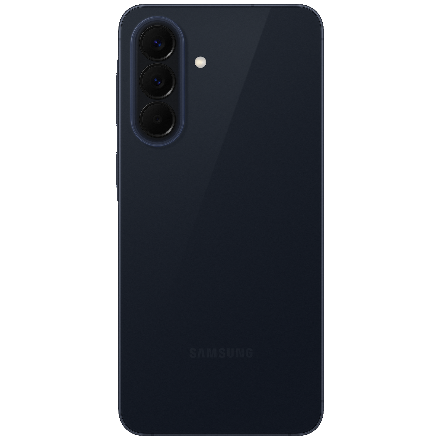 Achterkant van een donkere smartphone met verticale drievoudige camera en Samsung-logo.