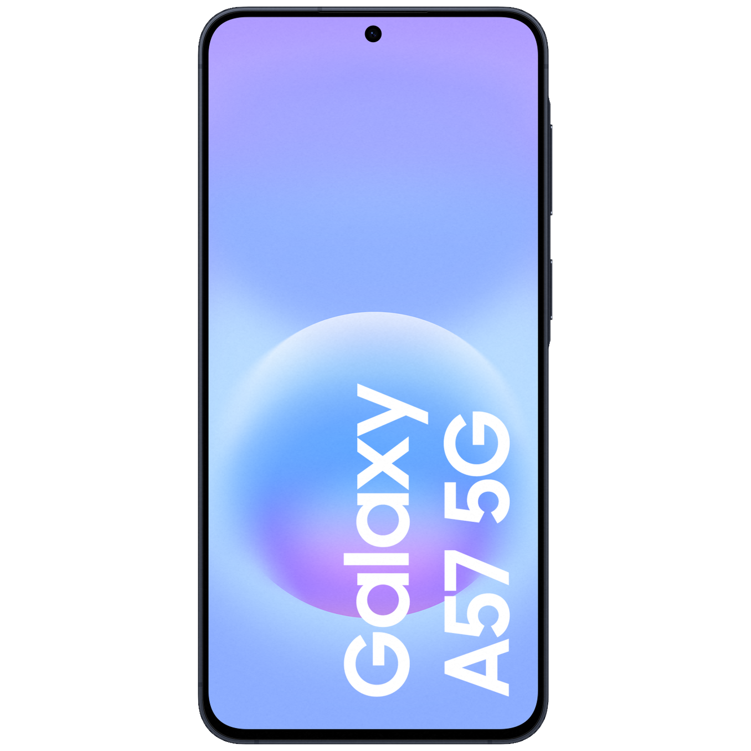Vooraanzicht van de Galaxy A57 5G smartphone met blauw-paarse achtergrond.