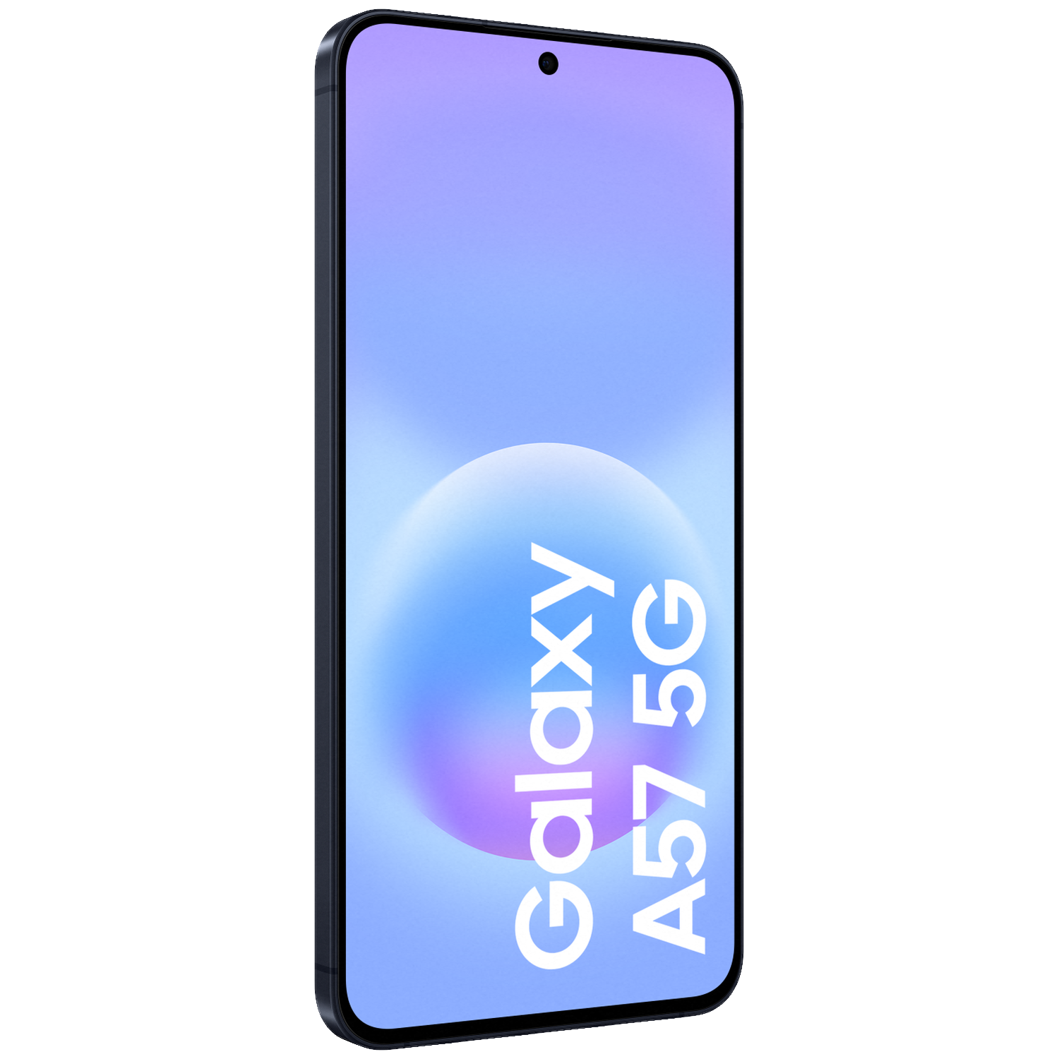 Een zwarte smartphone toont een lichtblauwe achtergrond met witte Galaxy A57 5G-tekst.