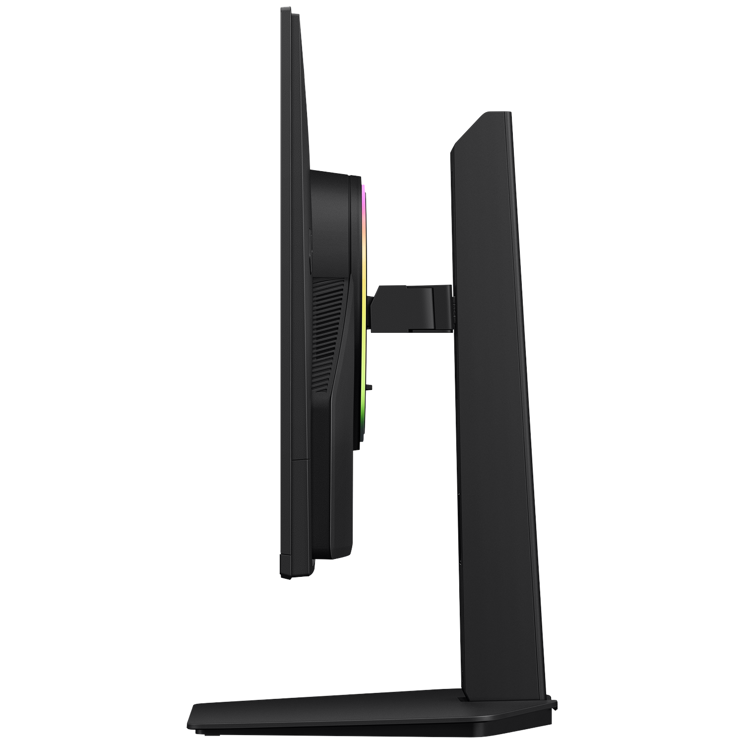 Side view of a black computer monitor with a stand and a rainbow LED ring on the back against a black background.