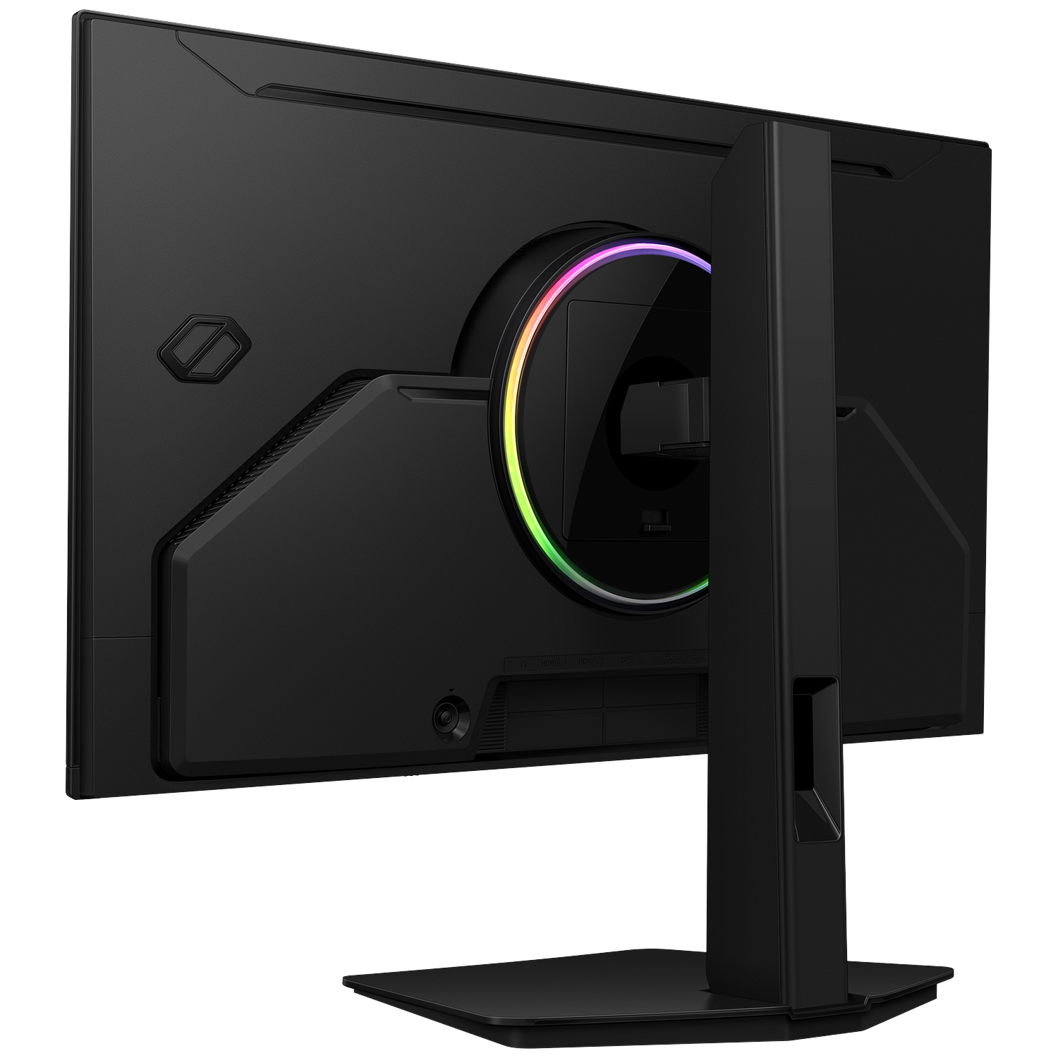 Rear view of a black monitor featuring an RGB lighting ring around the mount and a sturdy stand against a black background.