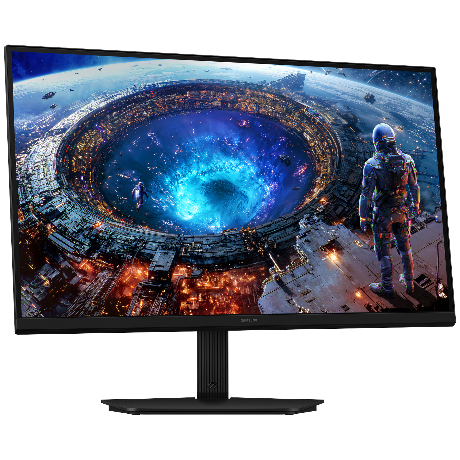 A Samsung monitor displays a futuristic space scene with a large structure and an astronaut.