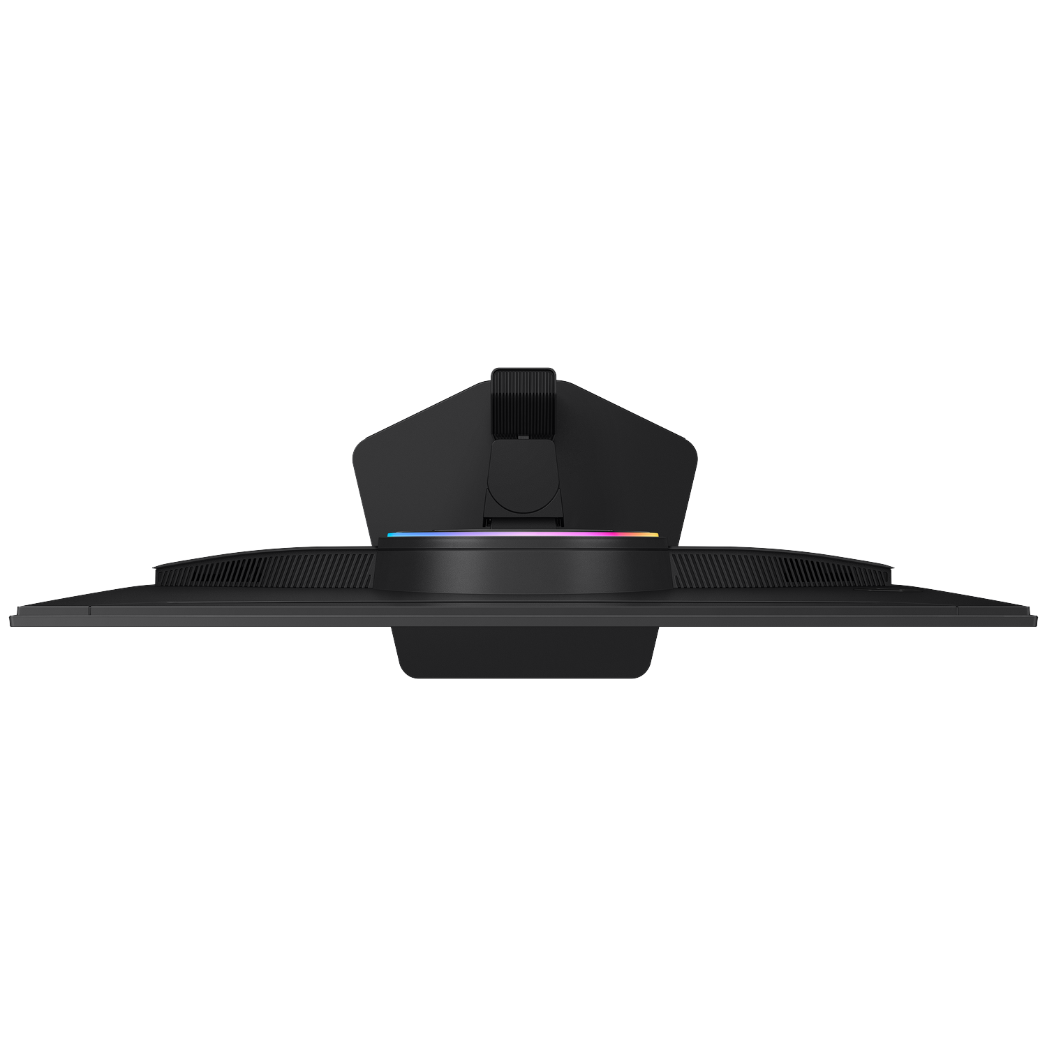Top view of a black monitor with RGB backlighting on the stand against a black background.