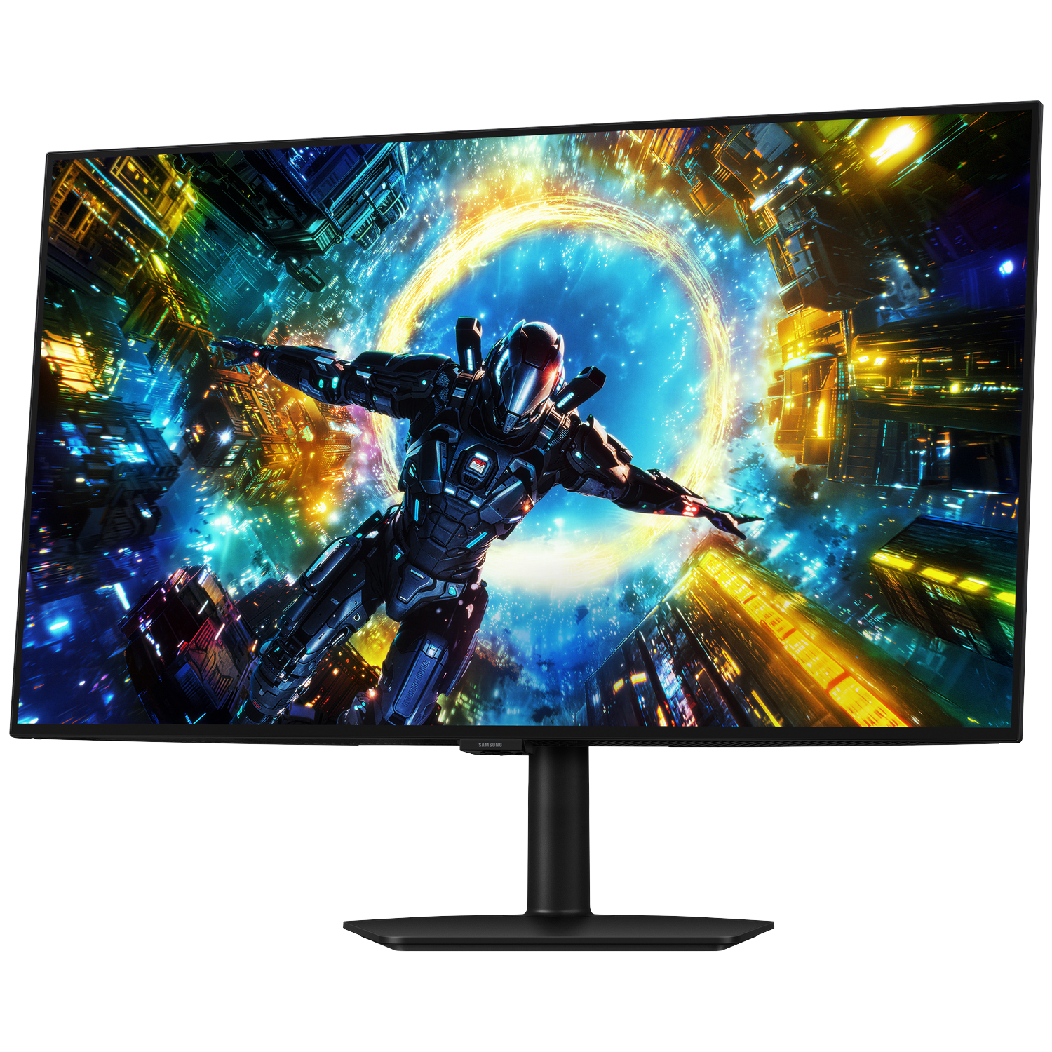 A black monitor displays a sci-fi scene with a robot in a colorful cosmic city.
