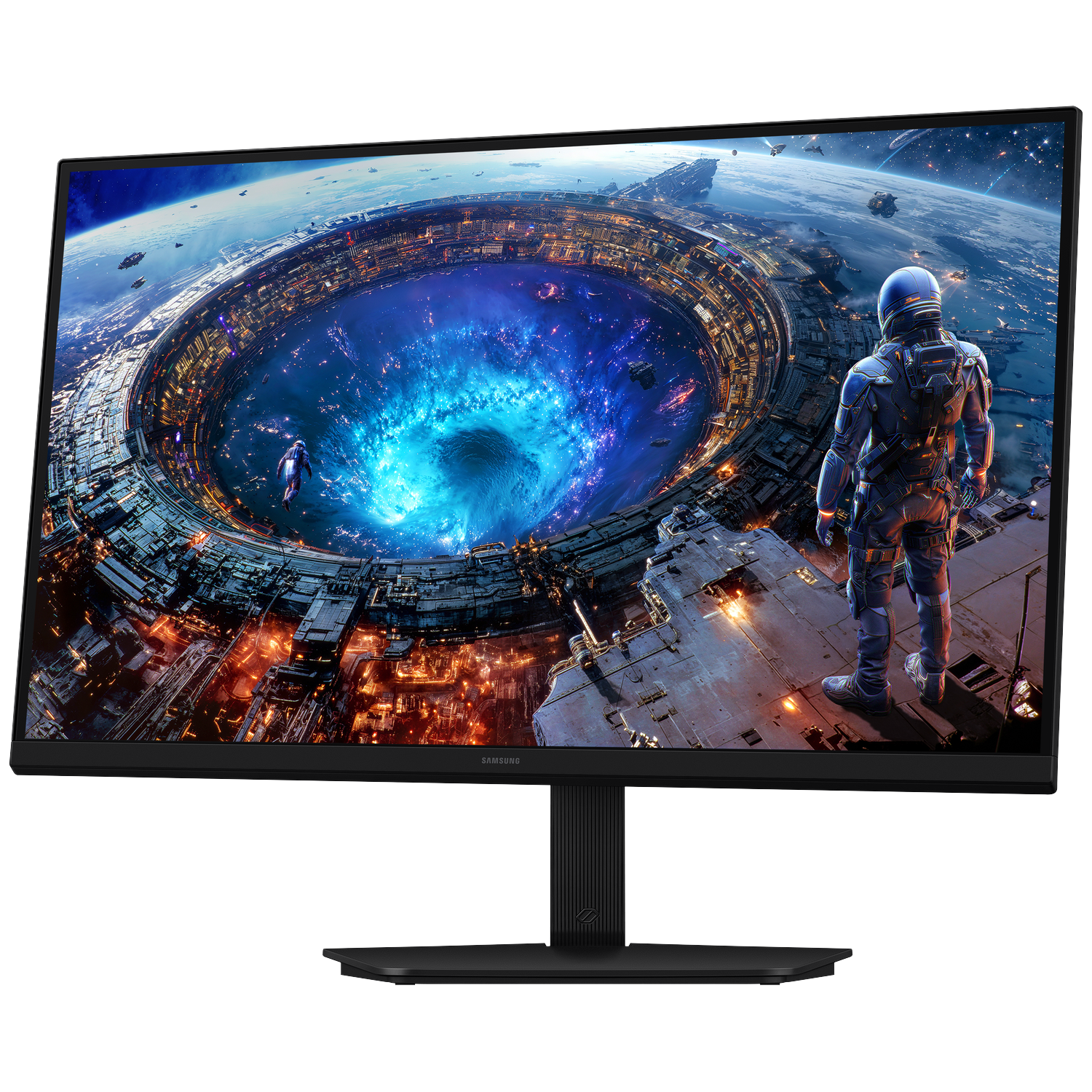 A Samsung monitor displays a futuristic space city with an astronaut and a glowing blue energy source.
