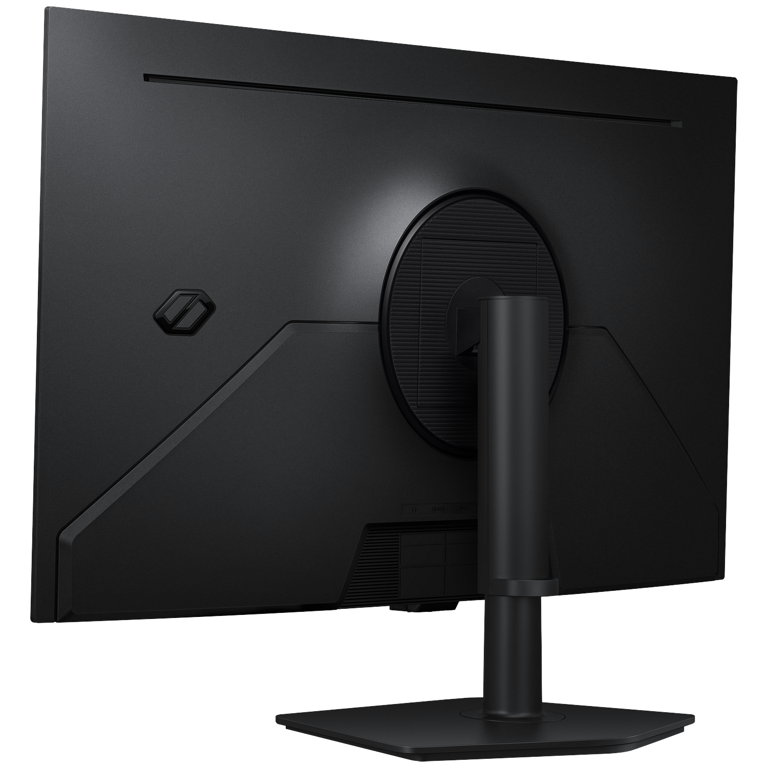 Rear view of a black computer monitor on a stand against a dark background.