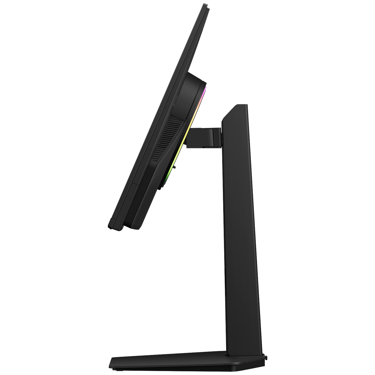 Side view of a black monitor on a stand with RGB lighting on the back, against a solid black background.