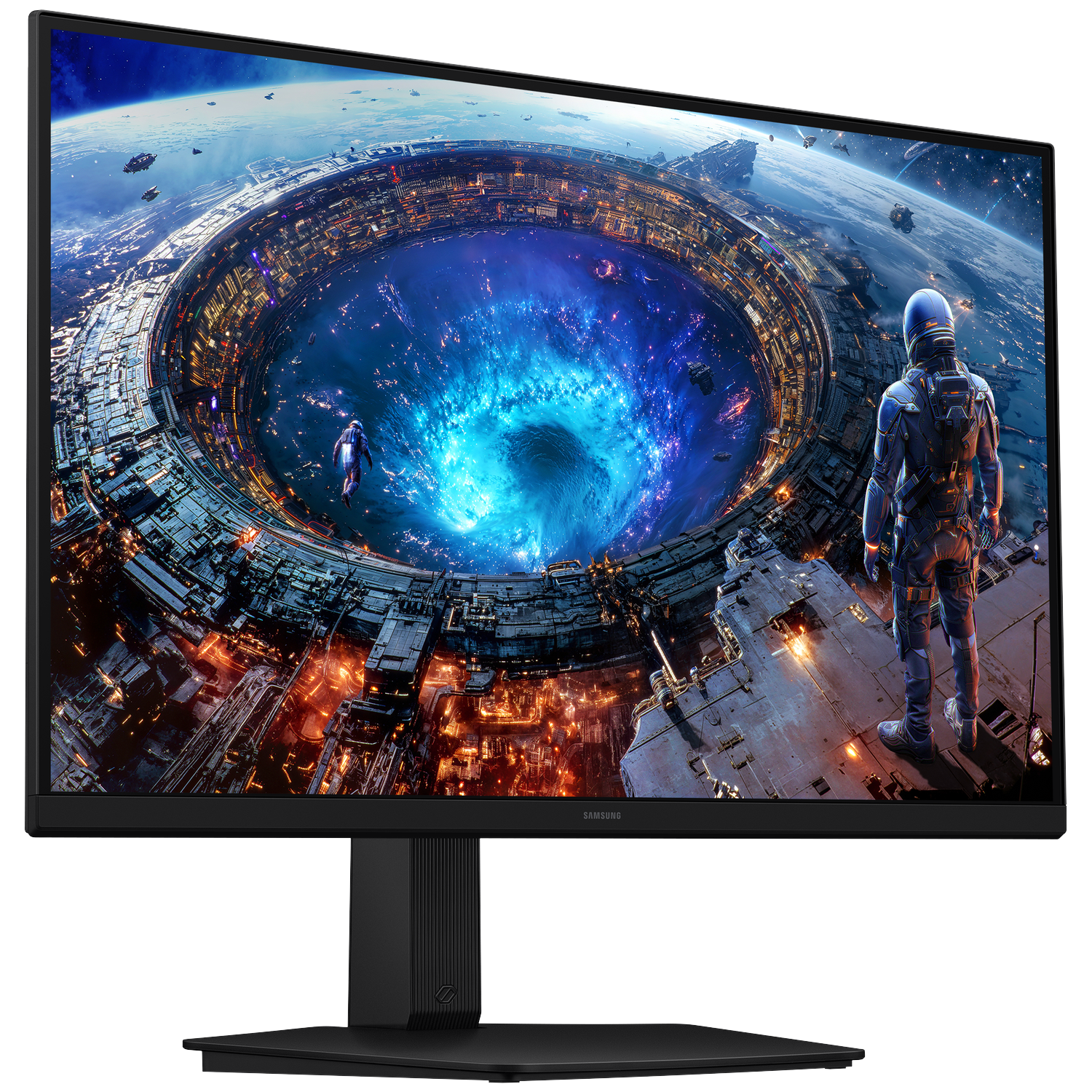 A frameless Samsung monitor displays a futuristic space scene with a gigantic space station and planet background.