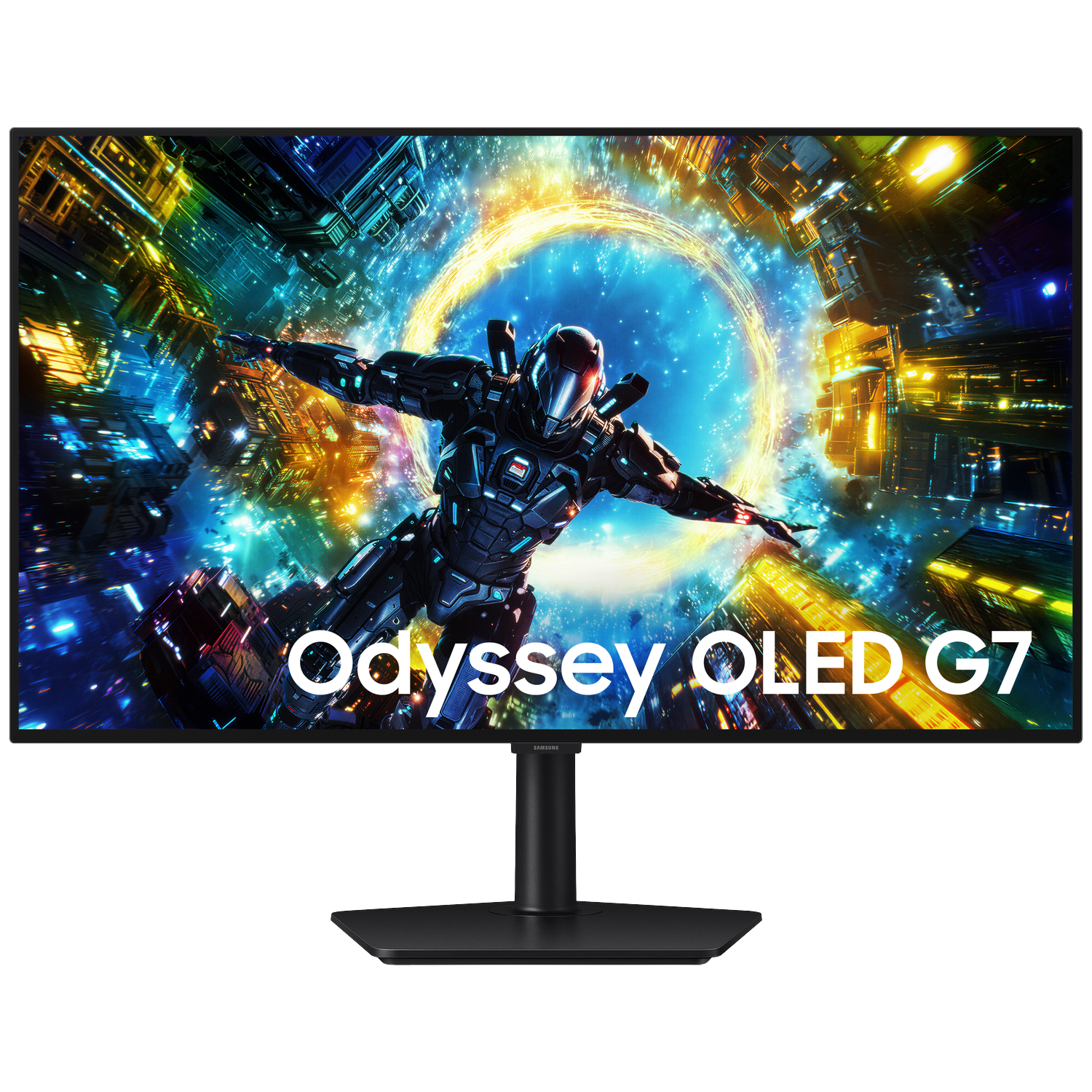 Odyssey OLED G7 monitor displaying a futuristic sci-fi character in space.