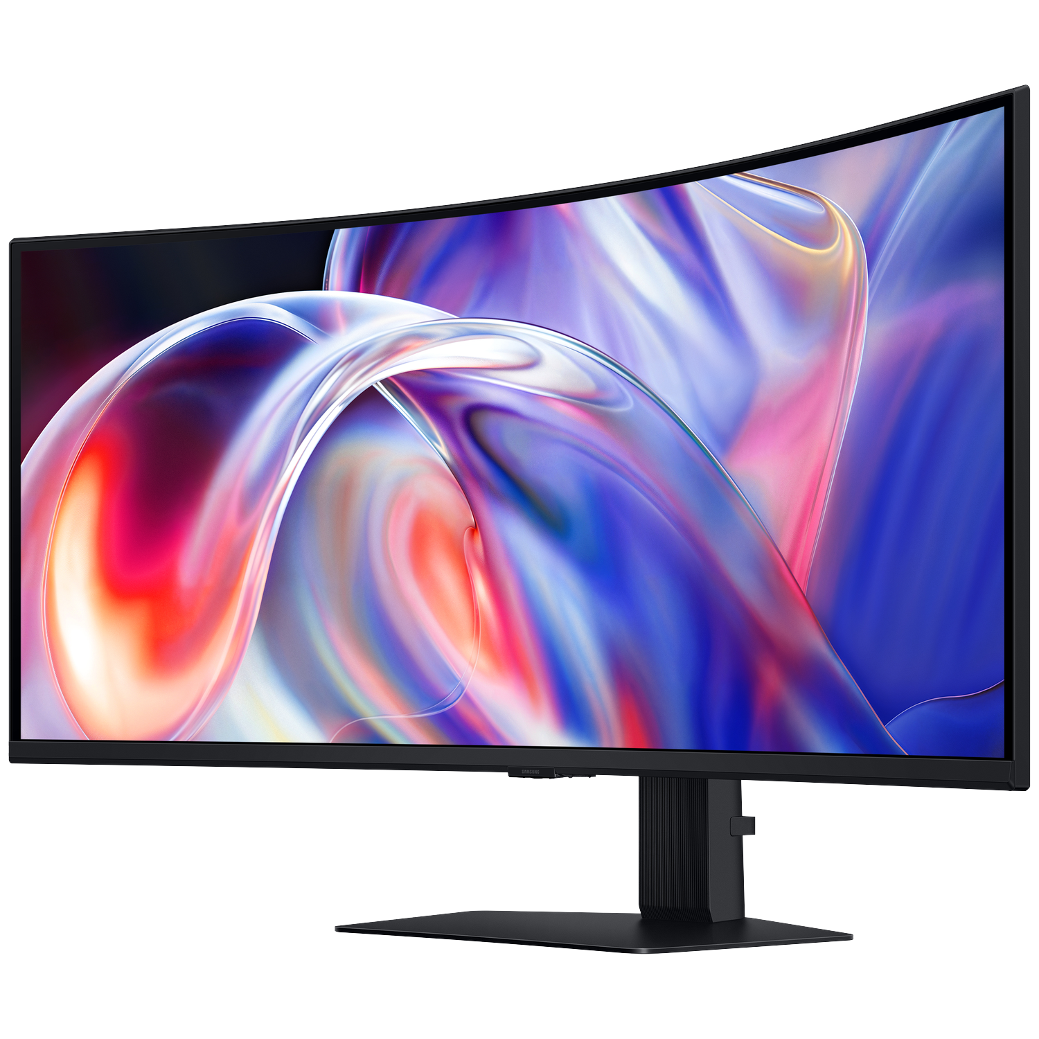 A large curved black monitor displays abstract, colorful graphics against a dark background.