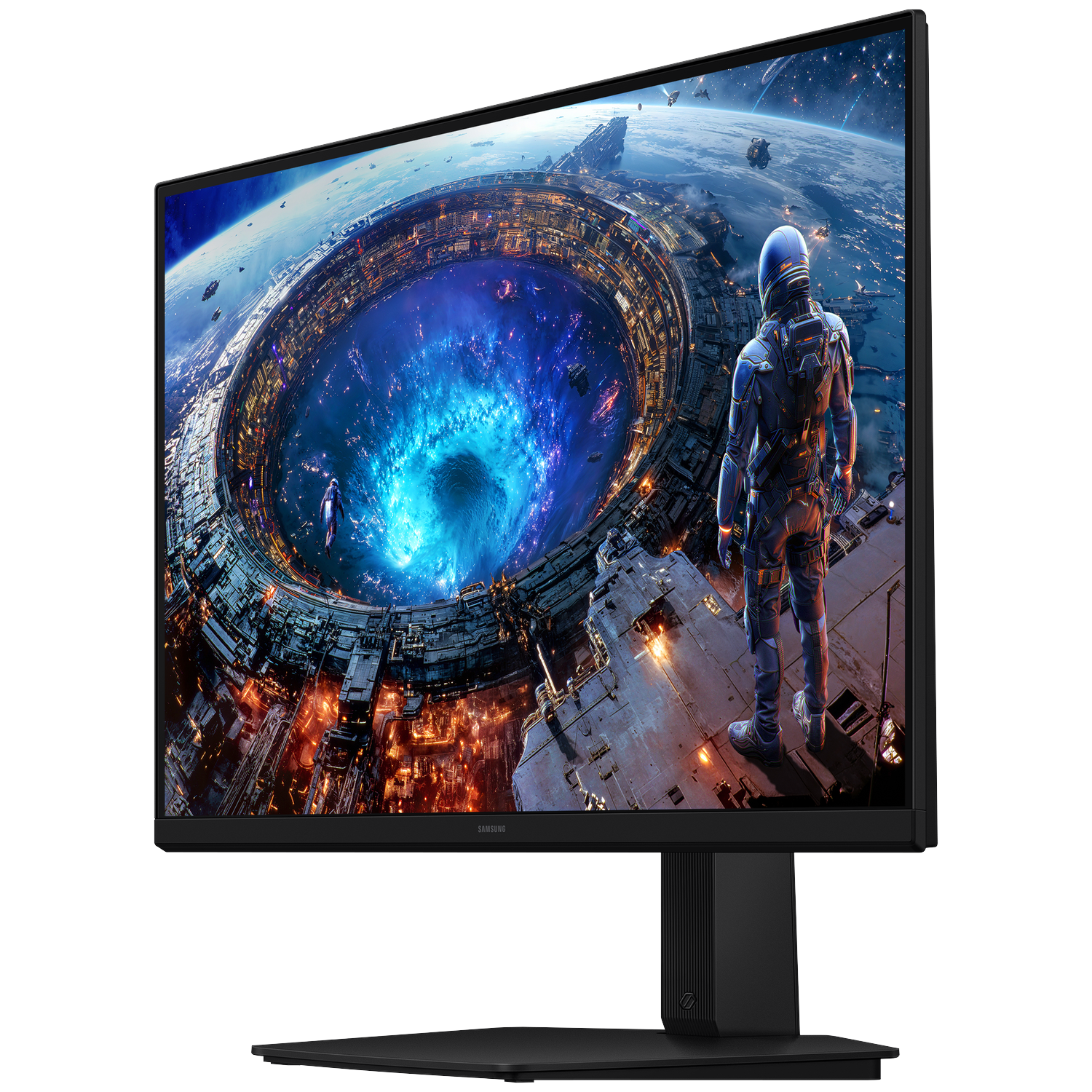 A curved Samsung monitor displays a futuristic space scene featuring an astronaut and a ring-shaped space structure.