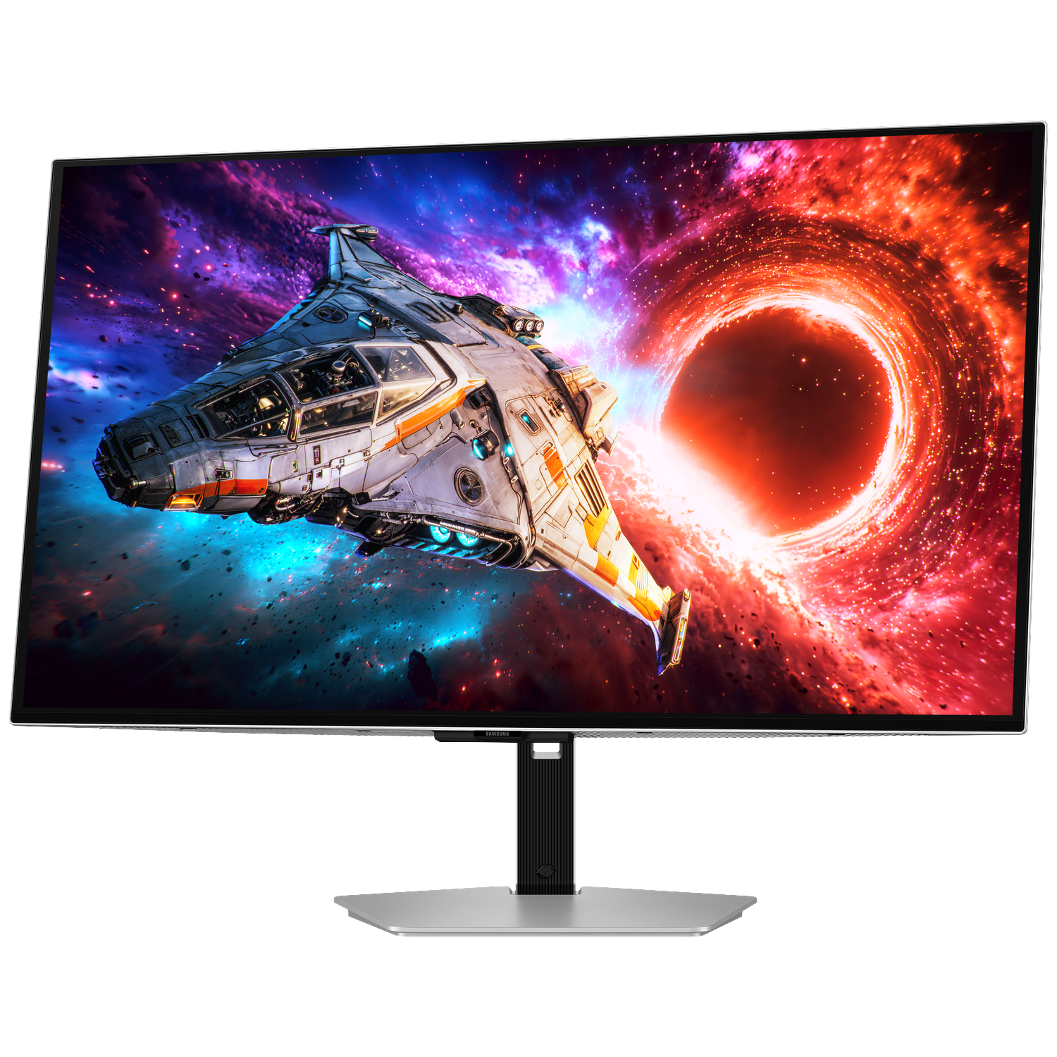 A frameless Samsung monitor displays a spaceship scene against a colorful galaxy with a red glowing black hole.