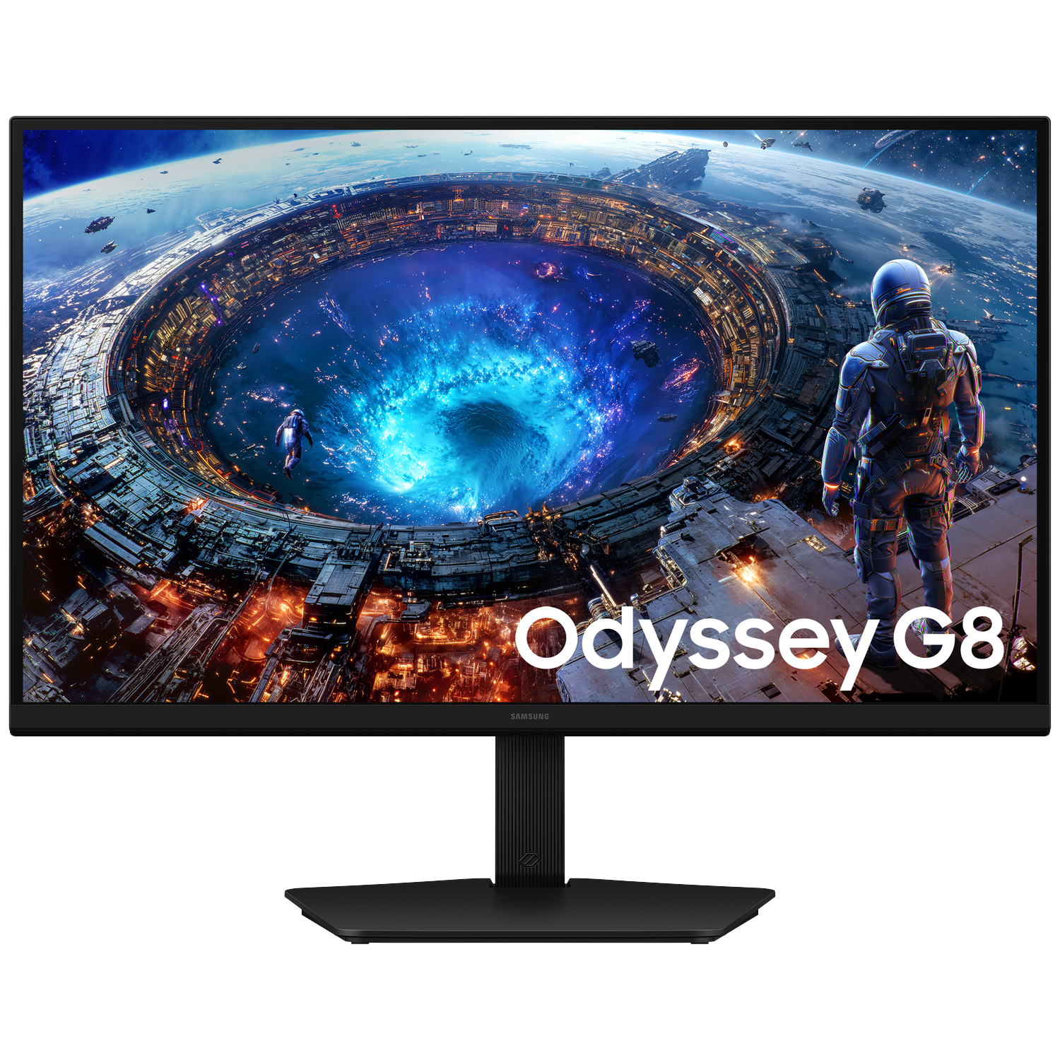 Samsung Odyssey G8 monitor displaying a futuristic space scene with astronauts.