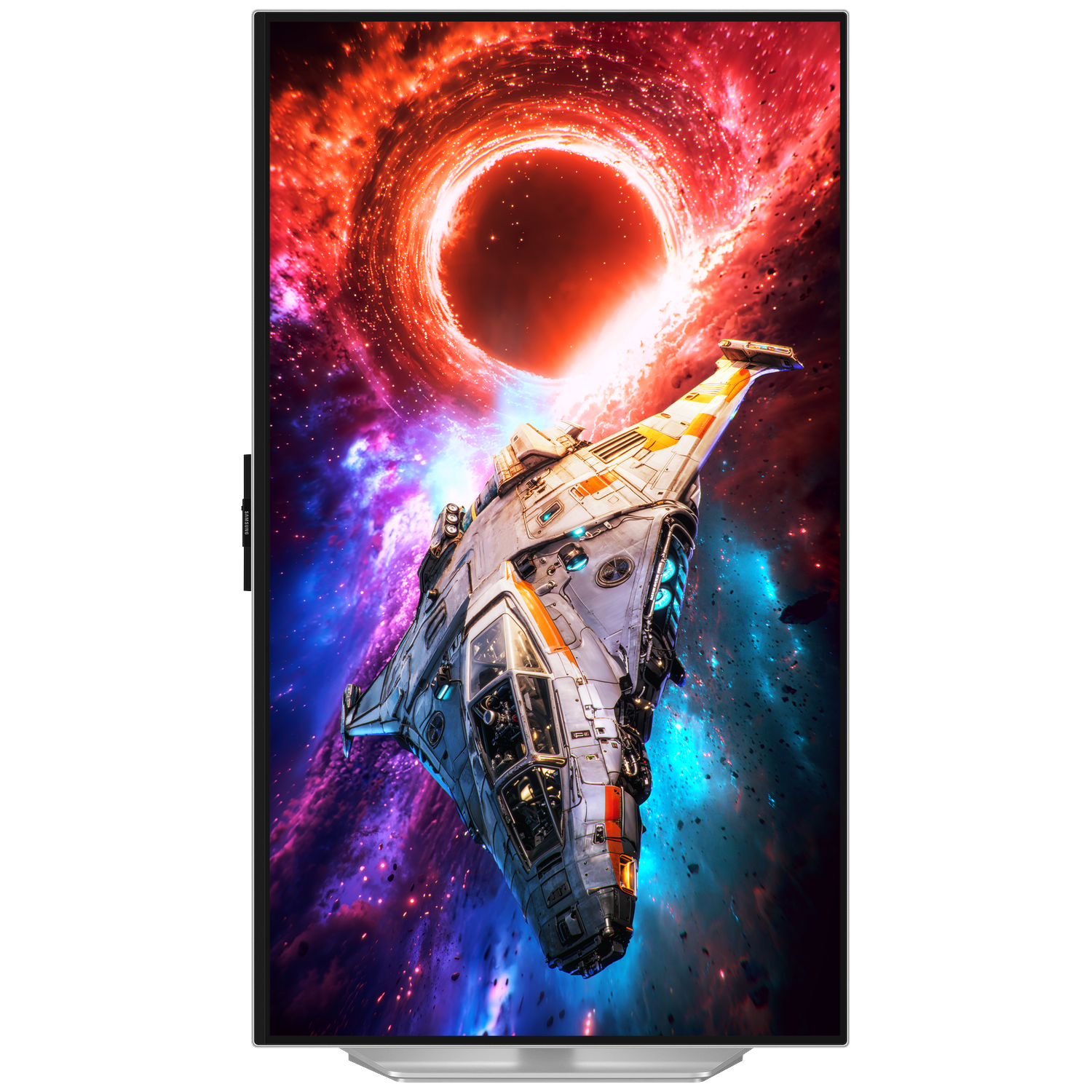A spaceship flies in front of a colorful cosmic background with a glowing red vortex.