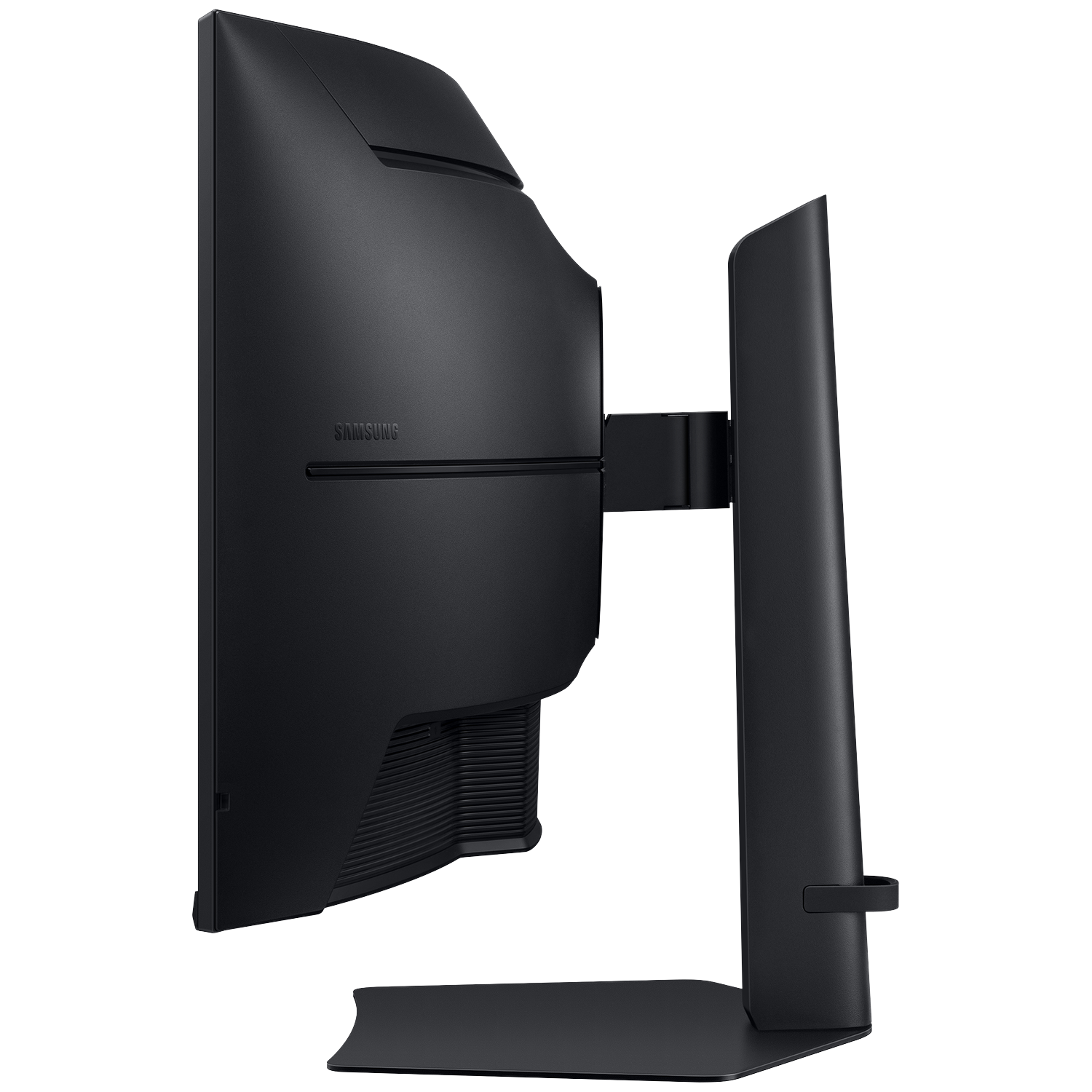 Side view of a black Samsung monitor on a stand against a black background.