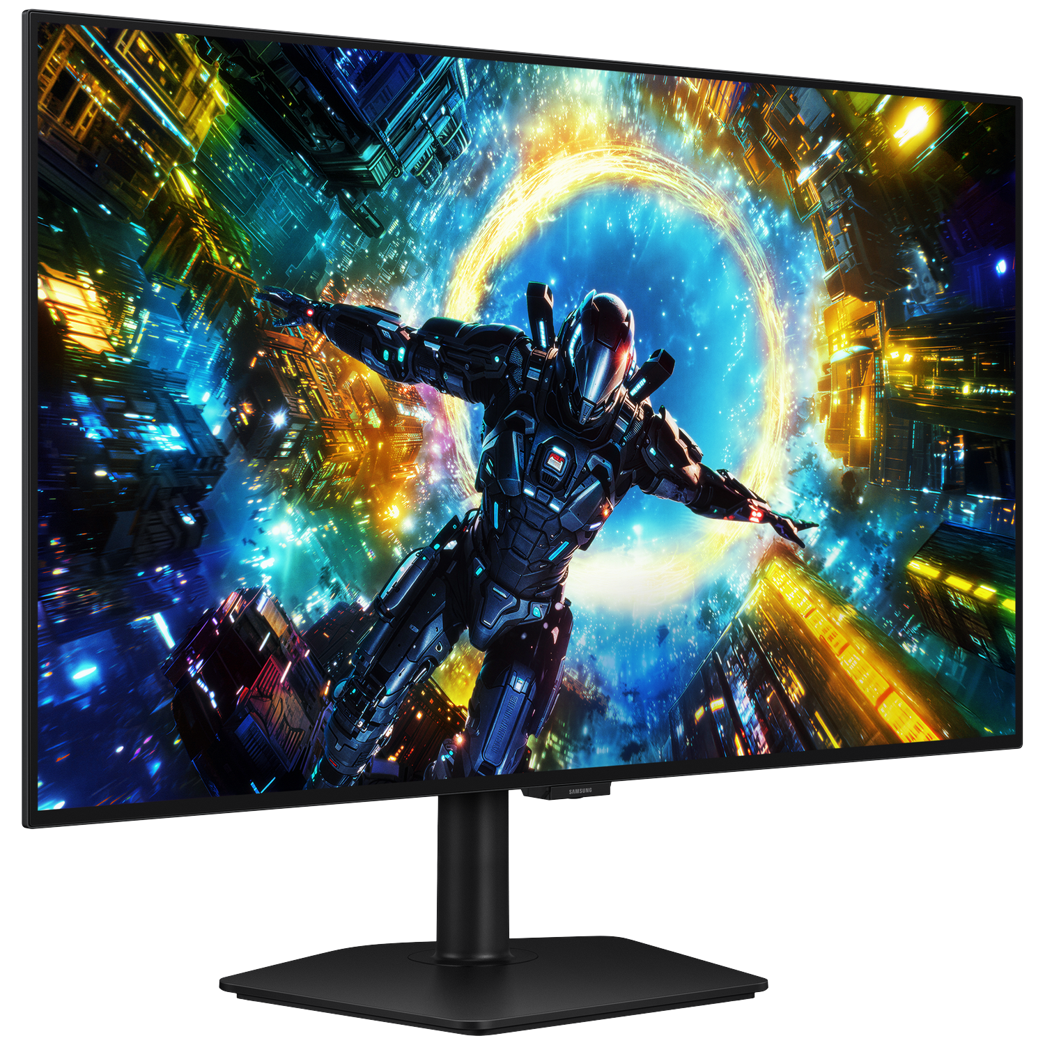 A curved monitor displays a sci-fi character in a futuristic, glowing cityscape portal.