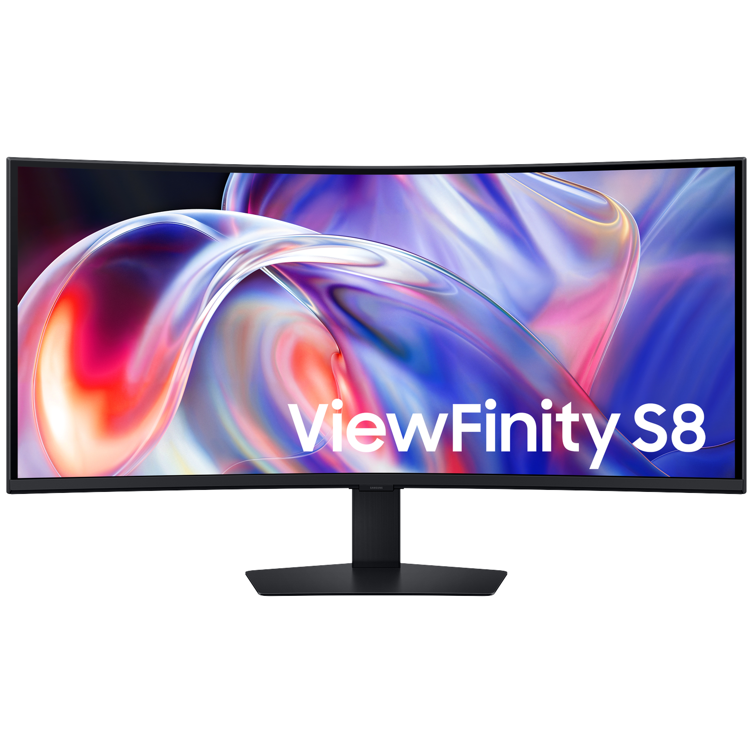 A black ViewFinity S8 curved monitor displays colorful abstract graphics on its screen.