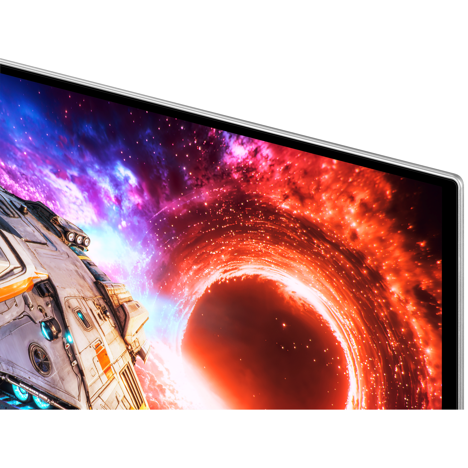 A spaceship flies on a TV screen in front of a colorful, swirling cosmic galaxy.