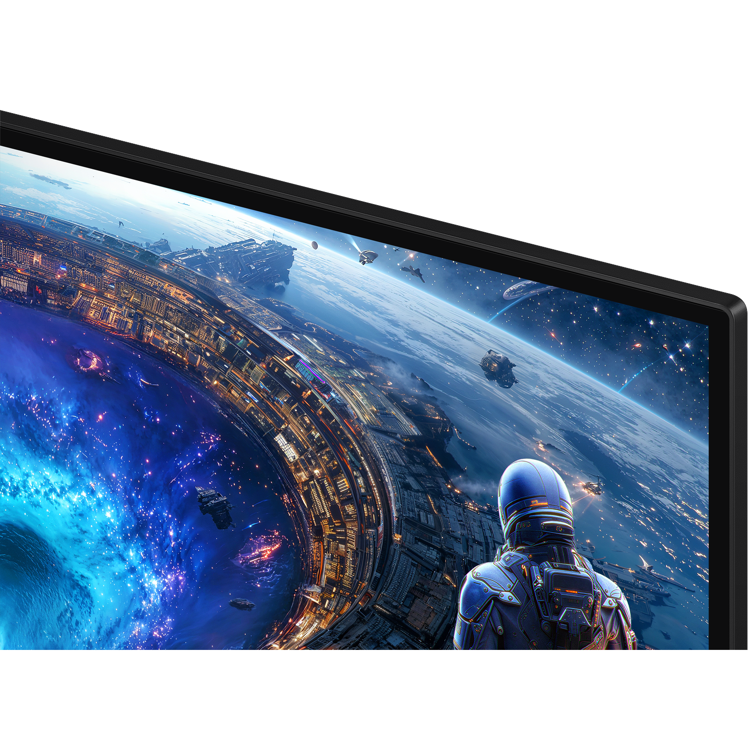 An astronaut on a monitor looks at a futuristic space city with planets in the background.