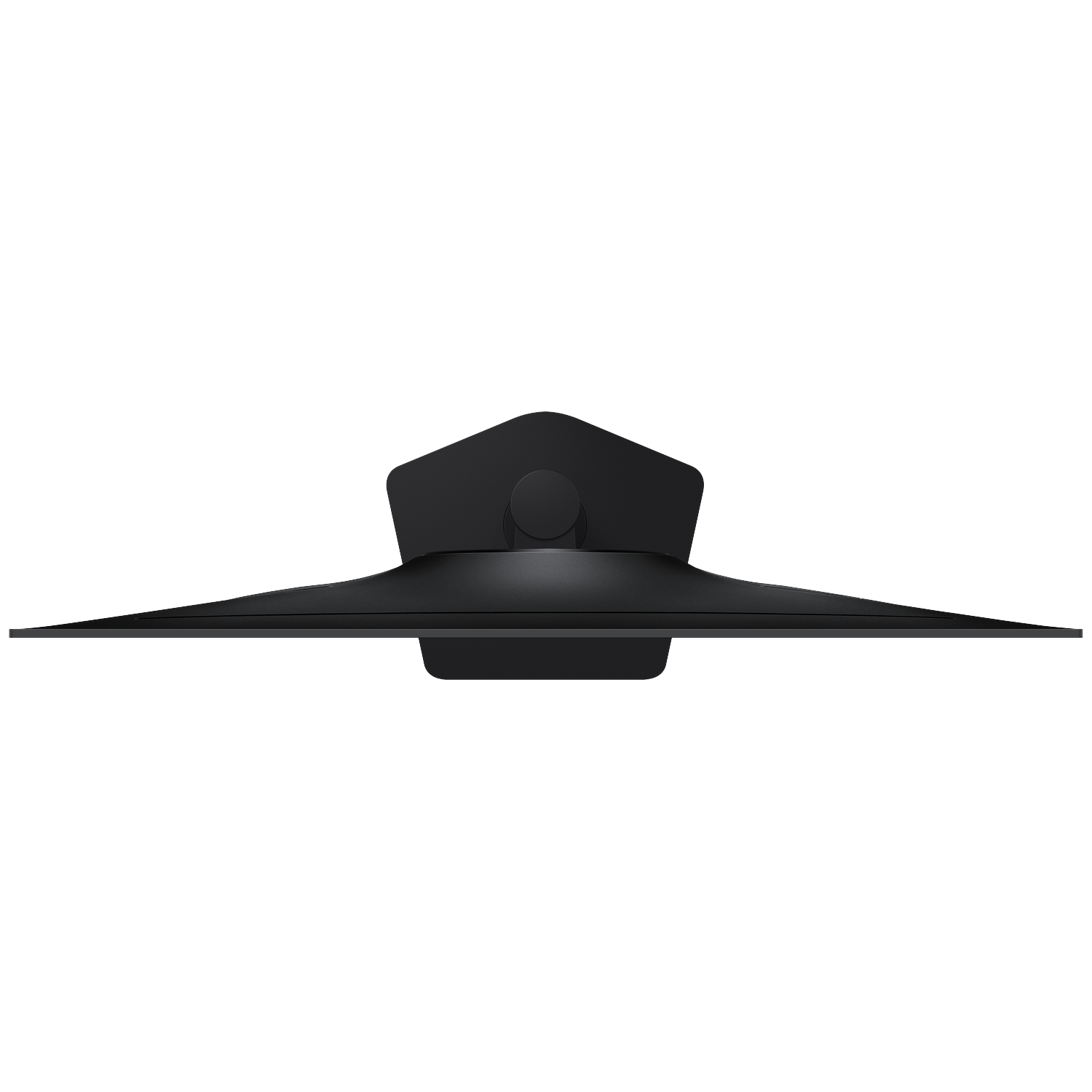 Top-down view of a black monitor against a dark background, highlighting the stand design.