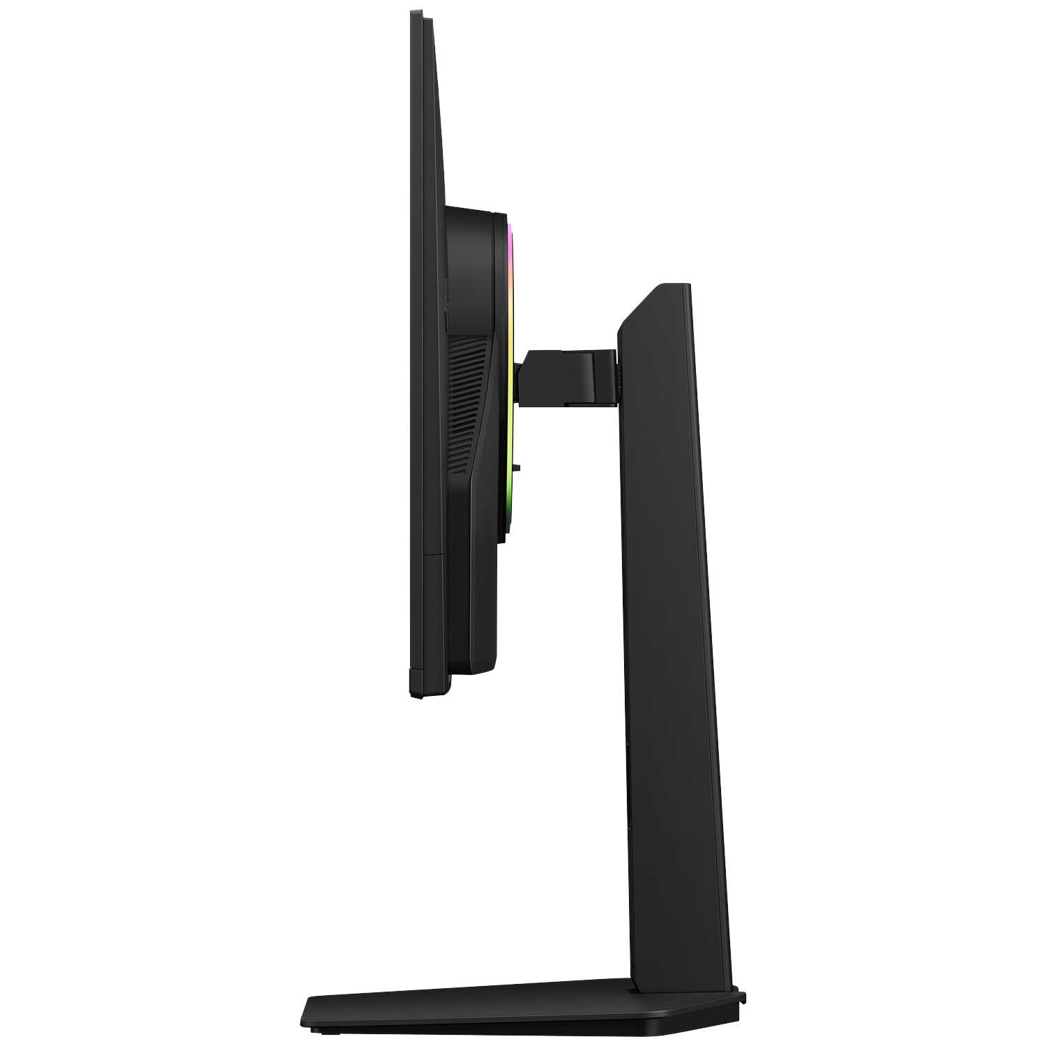 Side view of a black computer monitor on a stand with RGB lighting against a black background.