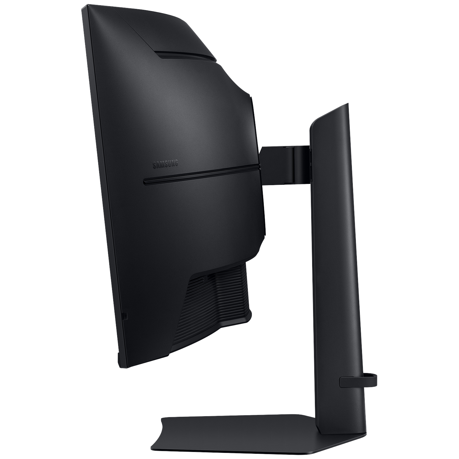 Rear view of a curved black Samsung monitor with a stand against a black background.