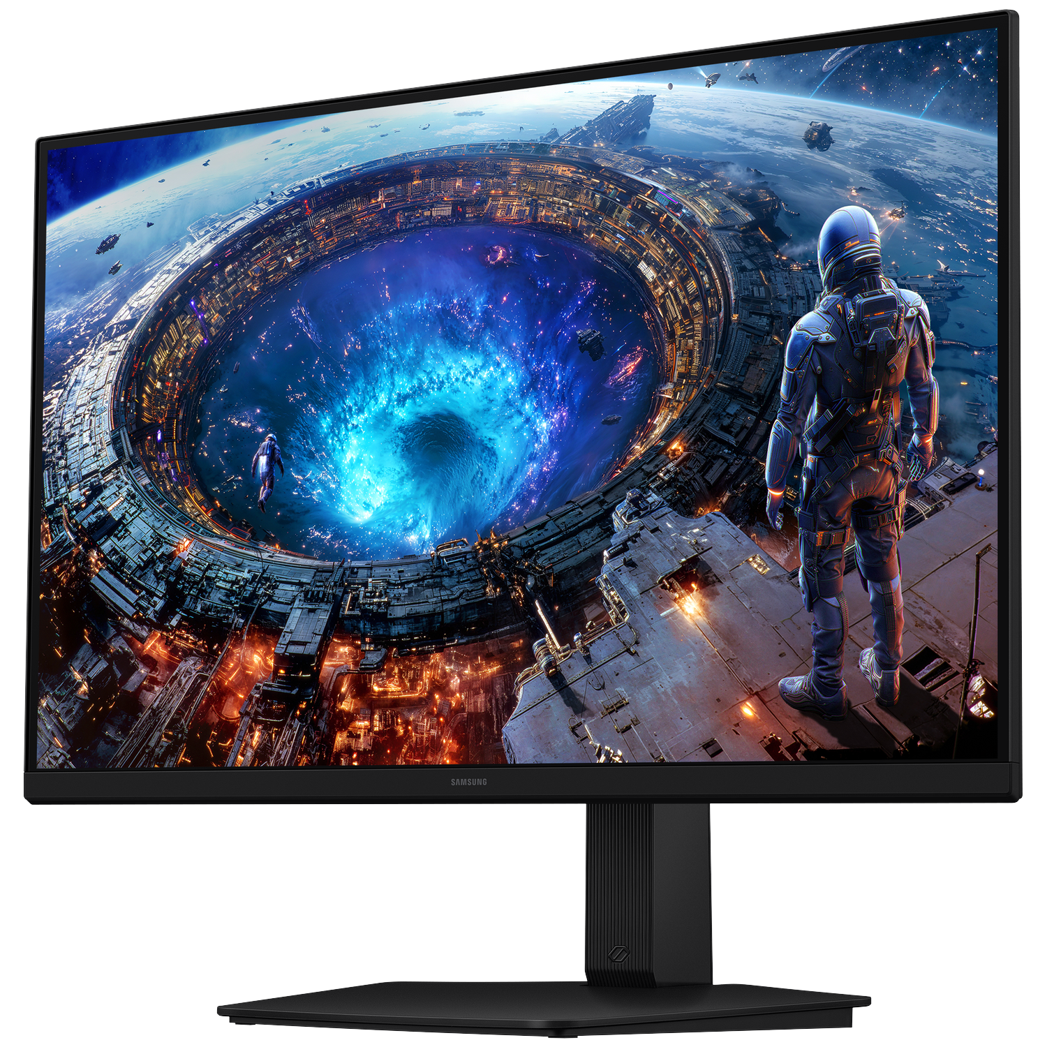A curved Samsung monitor displays a futuristic space scene with an astronaut and a massive space city.