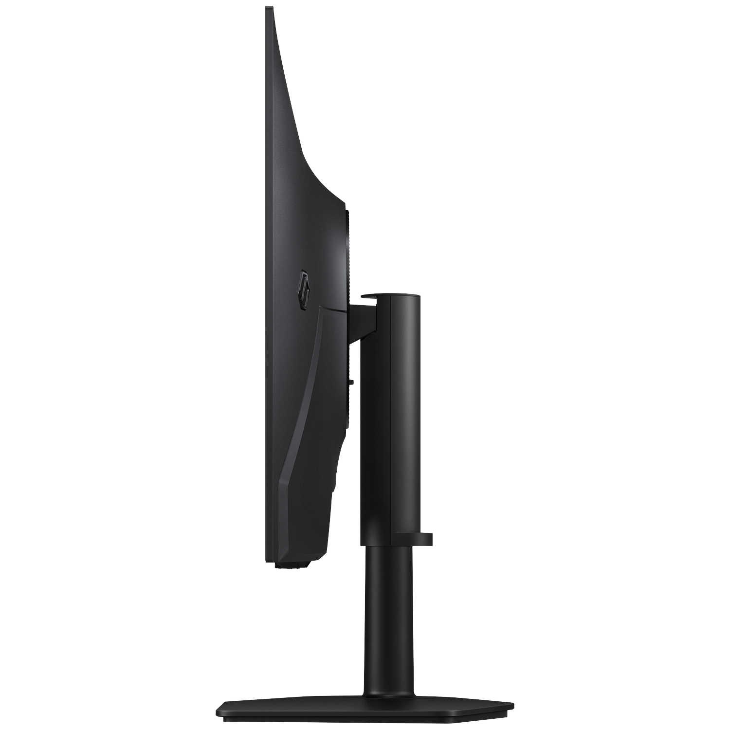 Side view of a black computer monitor on a stand against a black background.