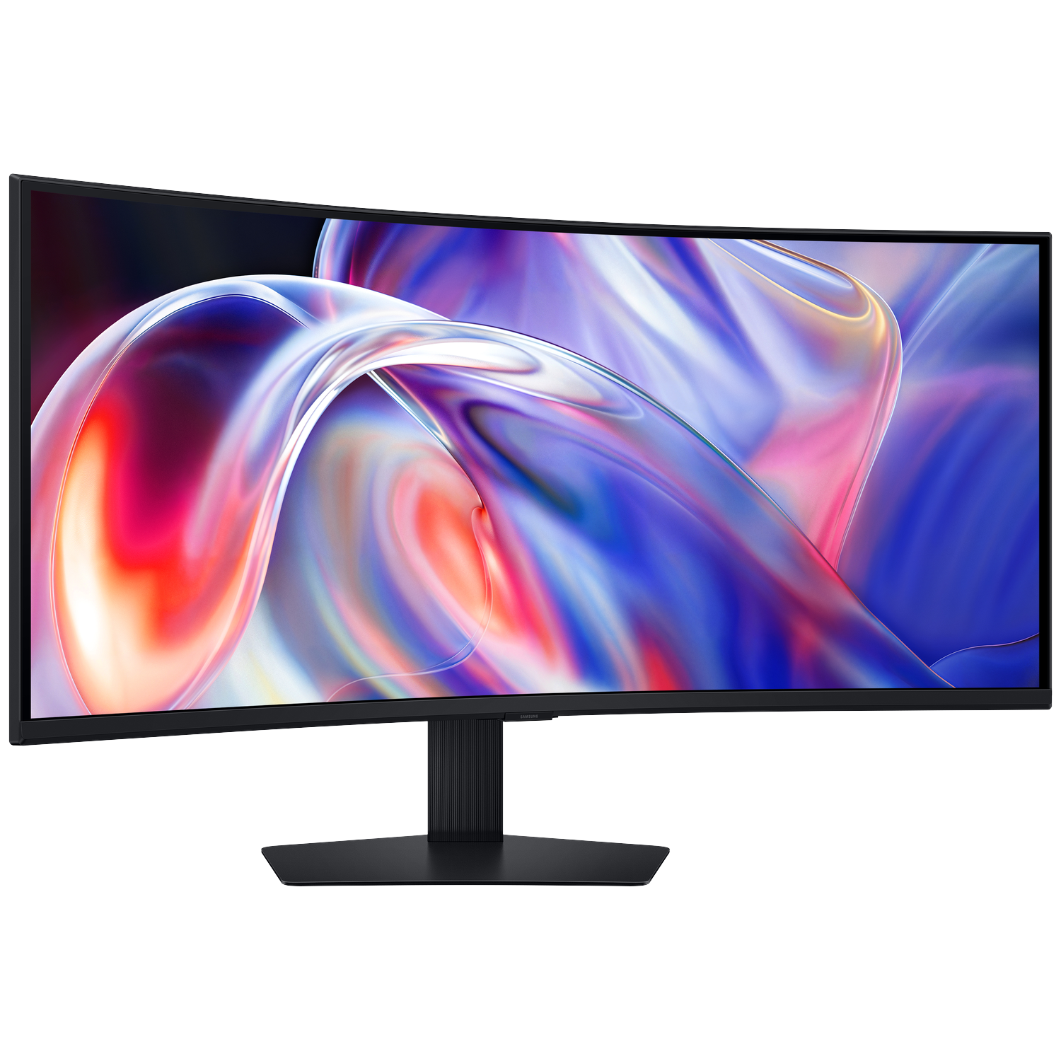 A wide curved monitor displays an abstract, colorful design against a black background.