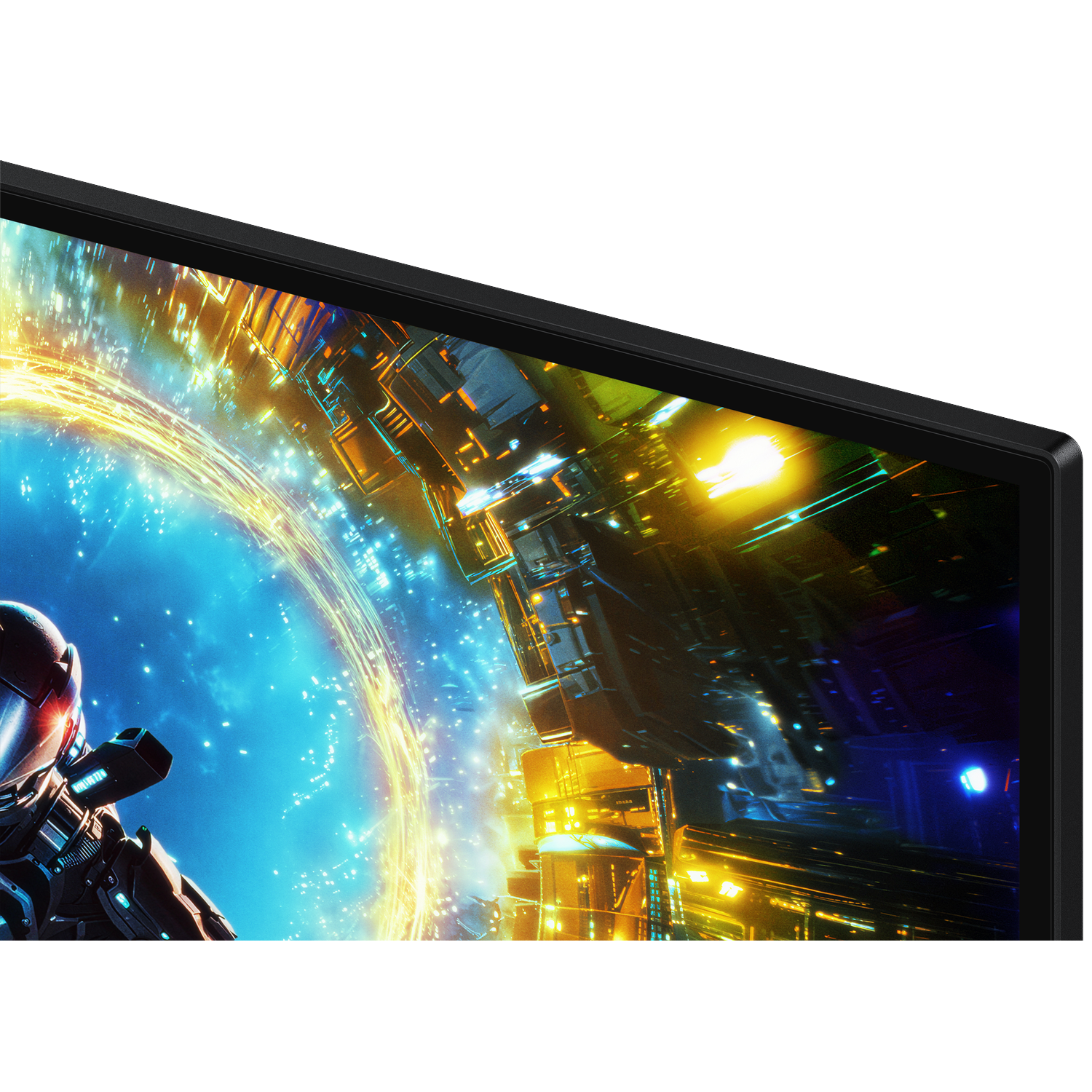 A close-up of a dark monitor showing a vibrant sci-fi space scene with a glowing portal and a futuristic character.