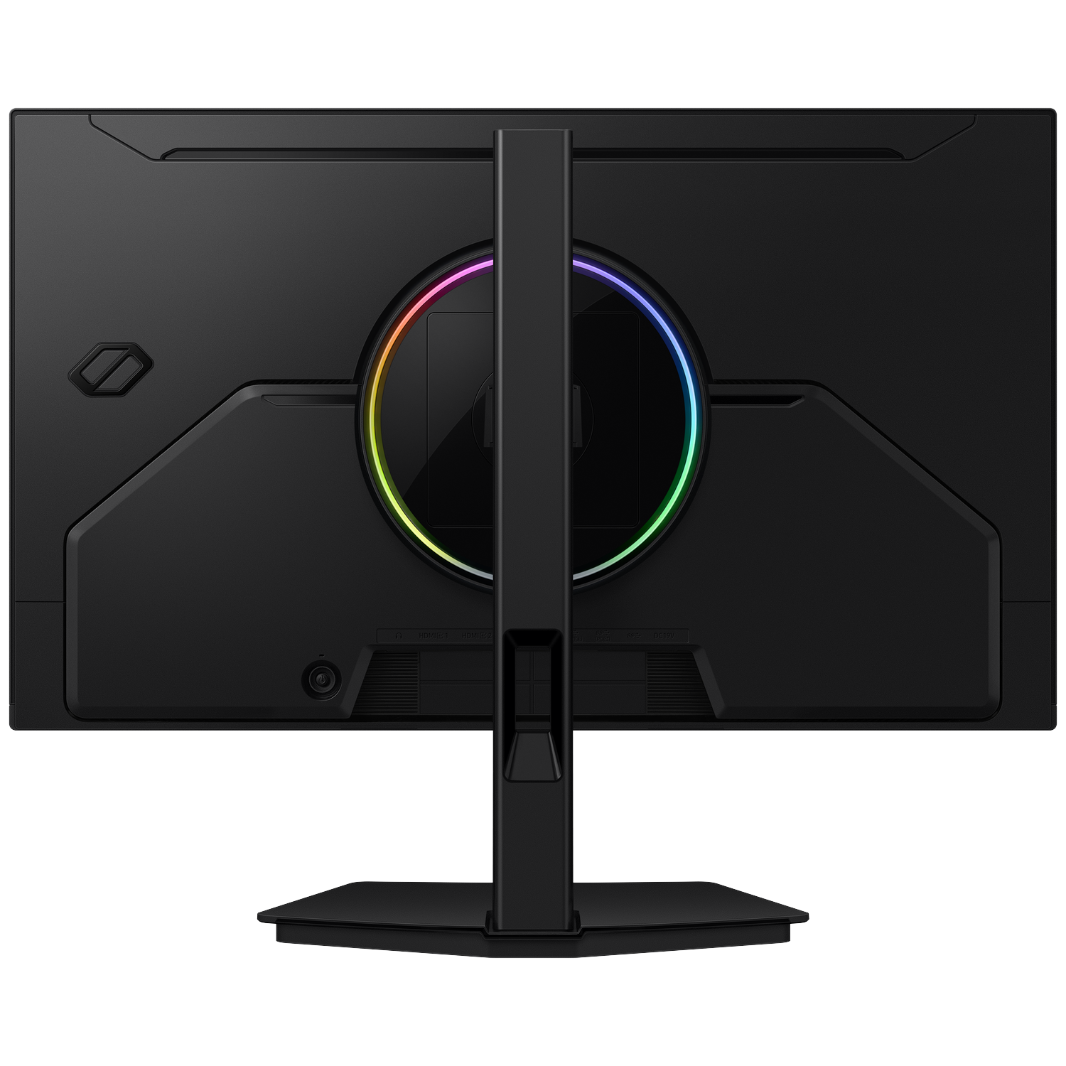 The back of a black computer monitor featuring a colorful RGB light ring around the stand mount.