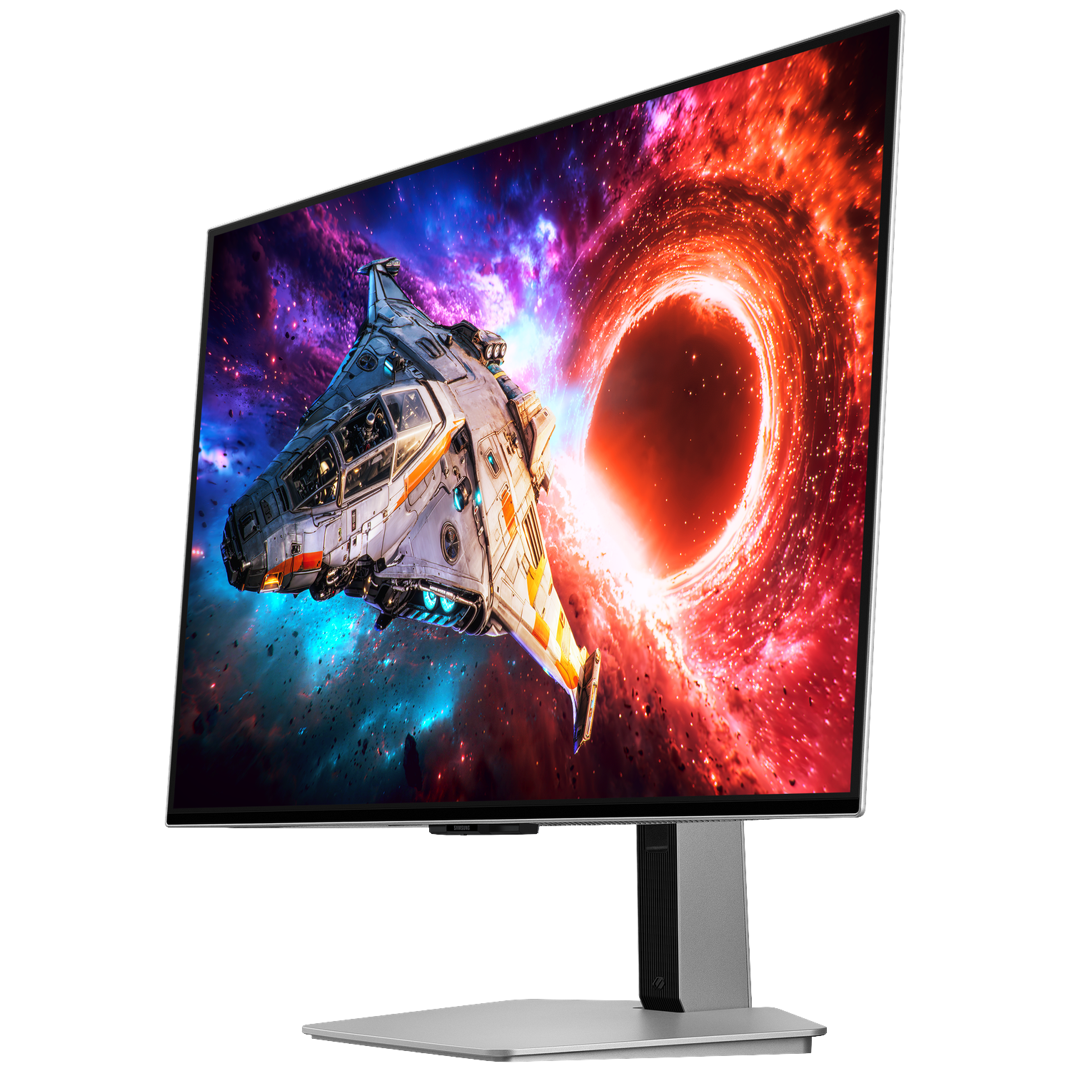 A curved monitor displays a spaceship against a colorful space background with an orange glowing spiral vortex.