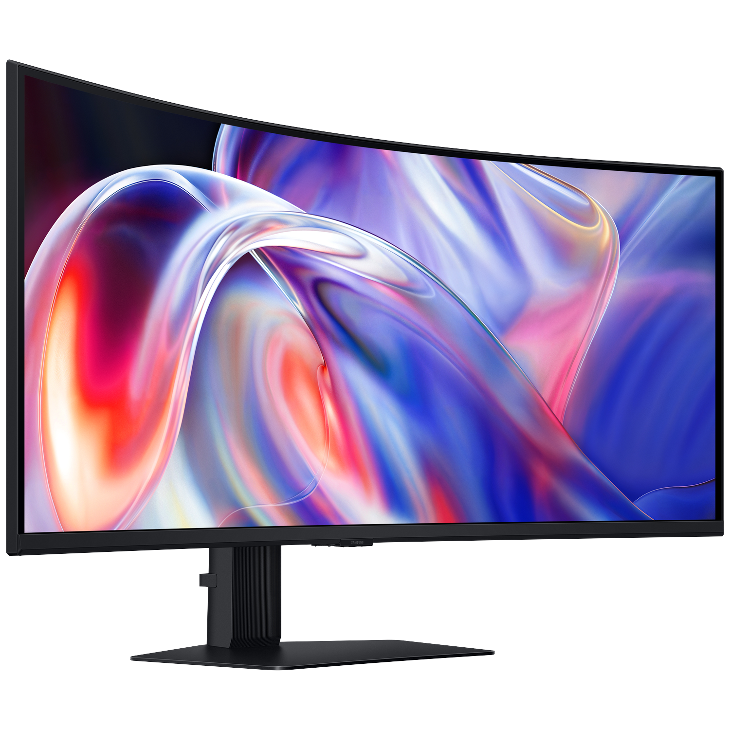A curved black monitor displays a colorful, abstract background against a black backdrop.