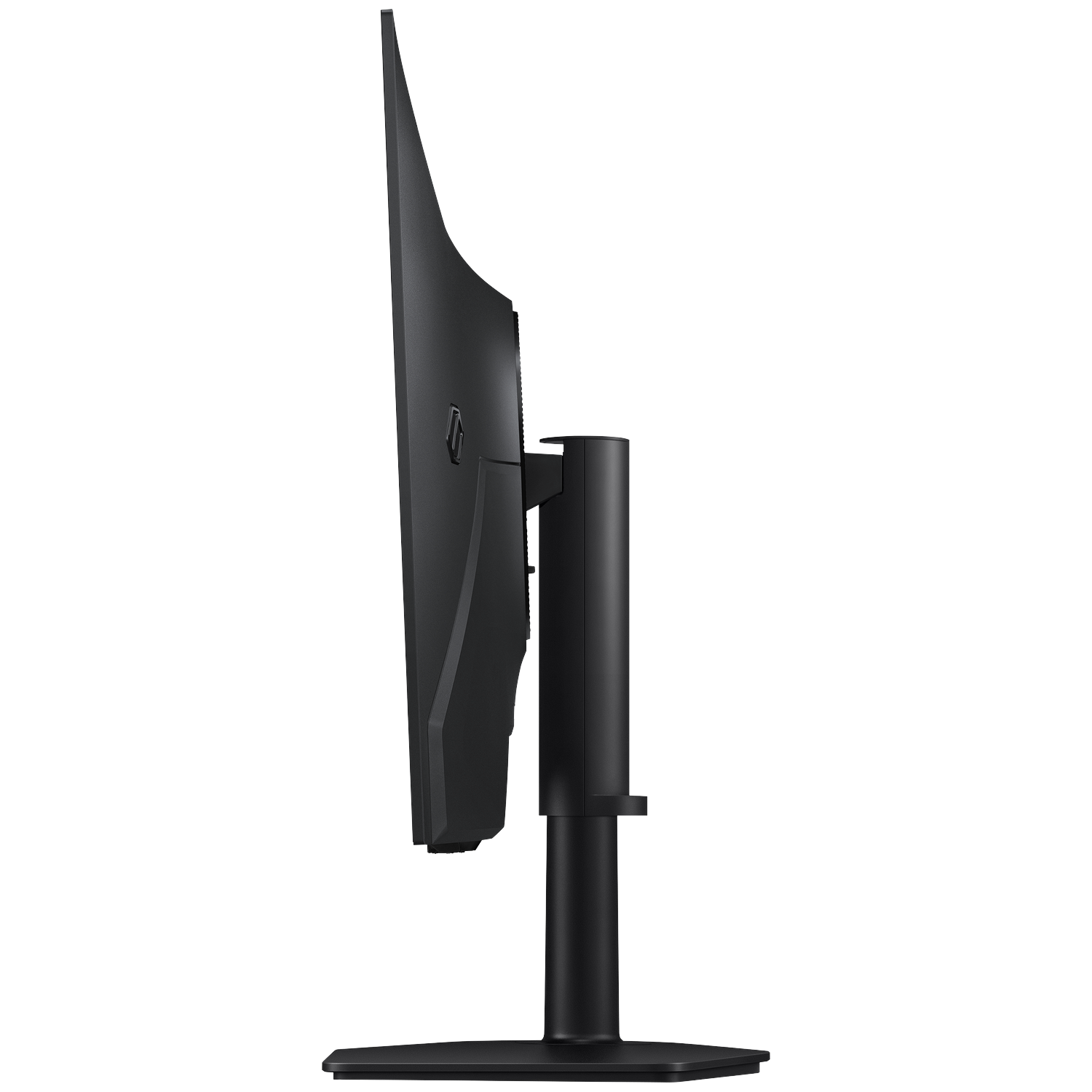 Side view of a black computer monitor on a stand against a black background.